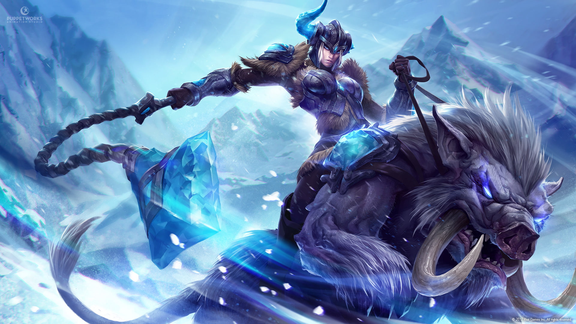 crystal, girl, snow, mountains, weapons, monster, art, horn