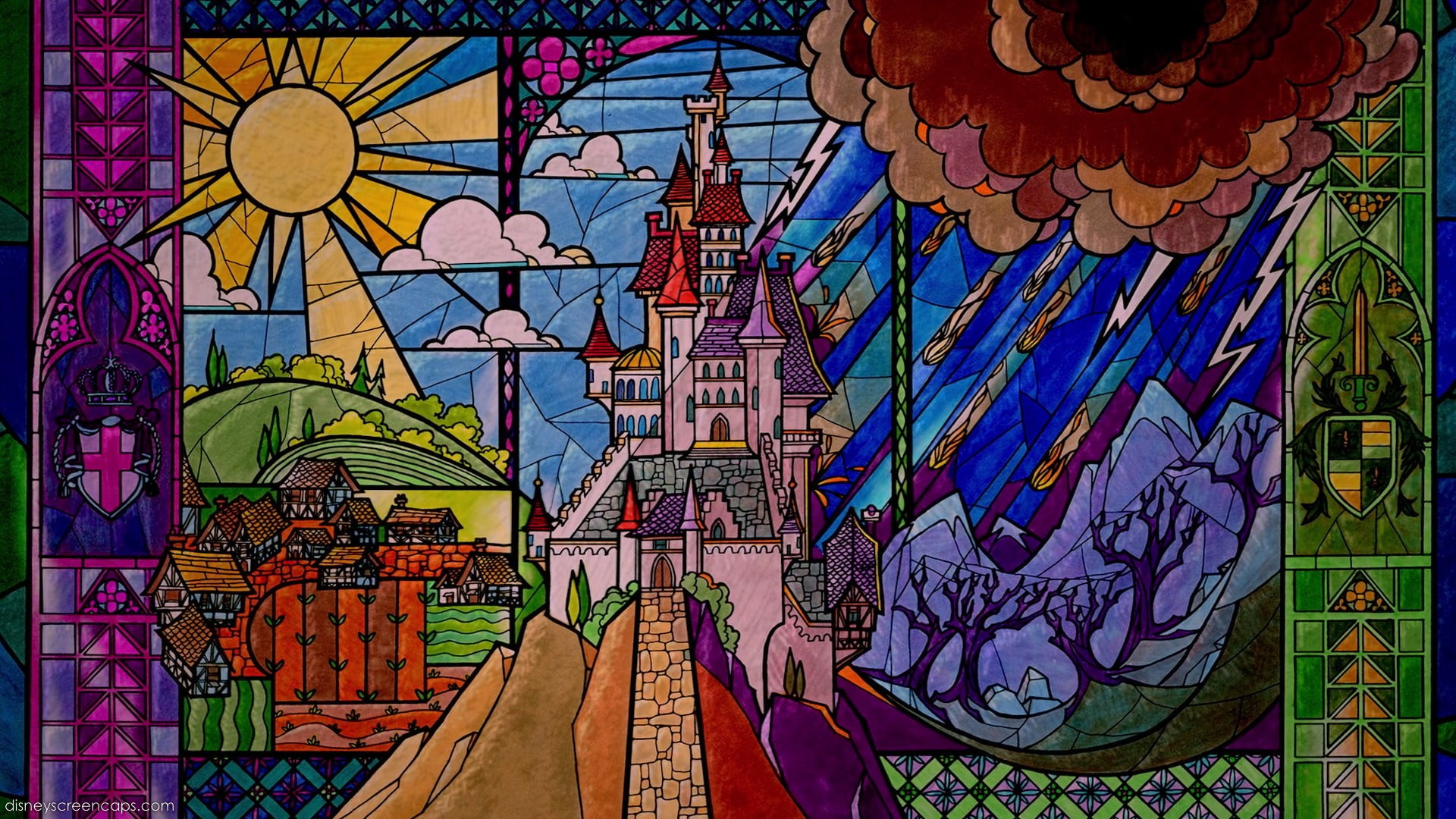 Beauty and the Beast Stained Glass Castle Disney HD, cartoon/comic