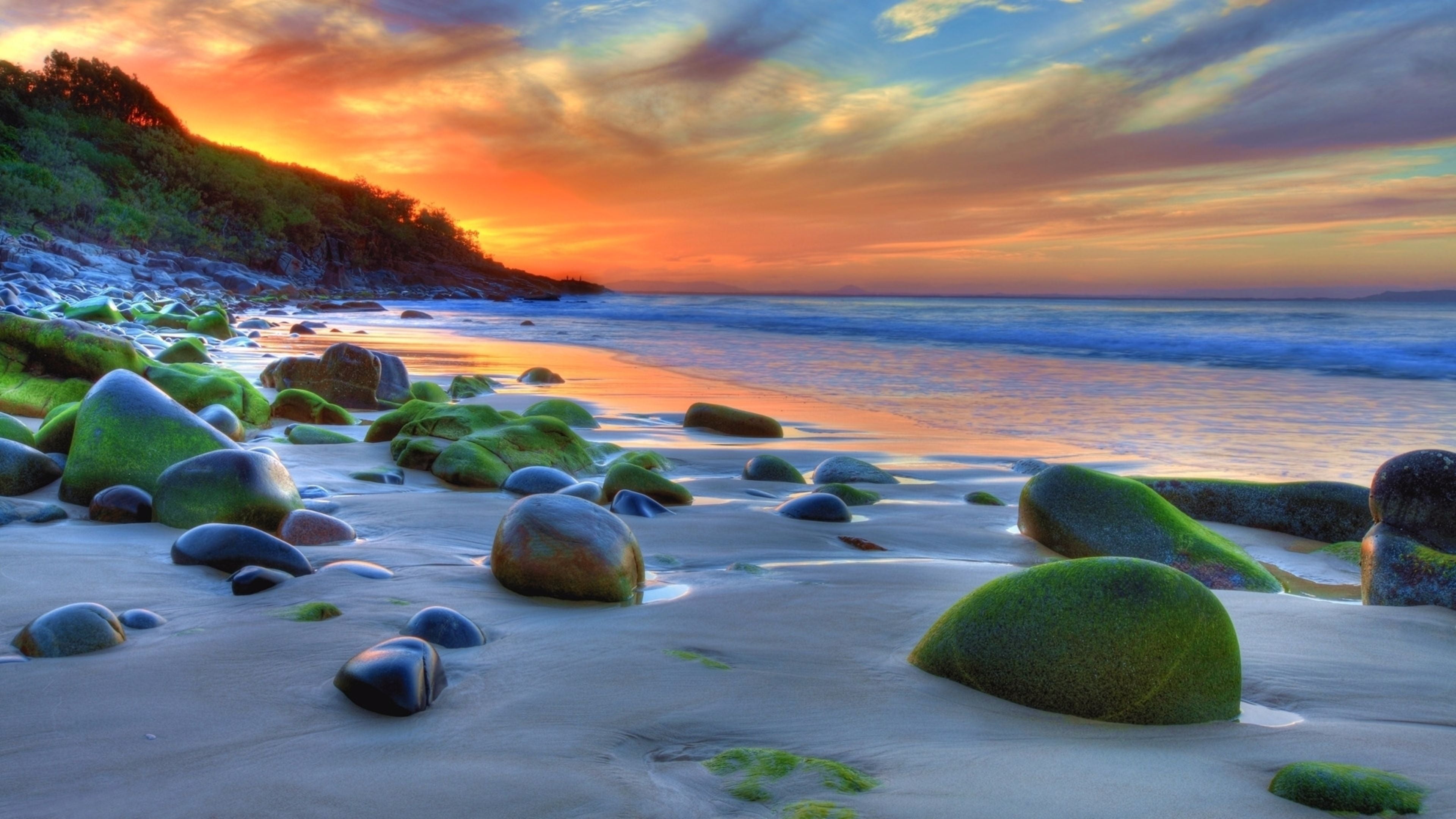 Sunset Ocean Sandy Beach Rocks Green Movi Water Nature 4k Wallpaper For Desktop Mobile Phones And Computer 3840×2160