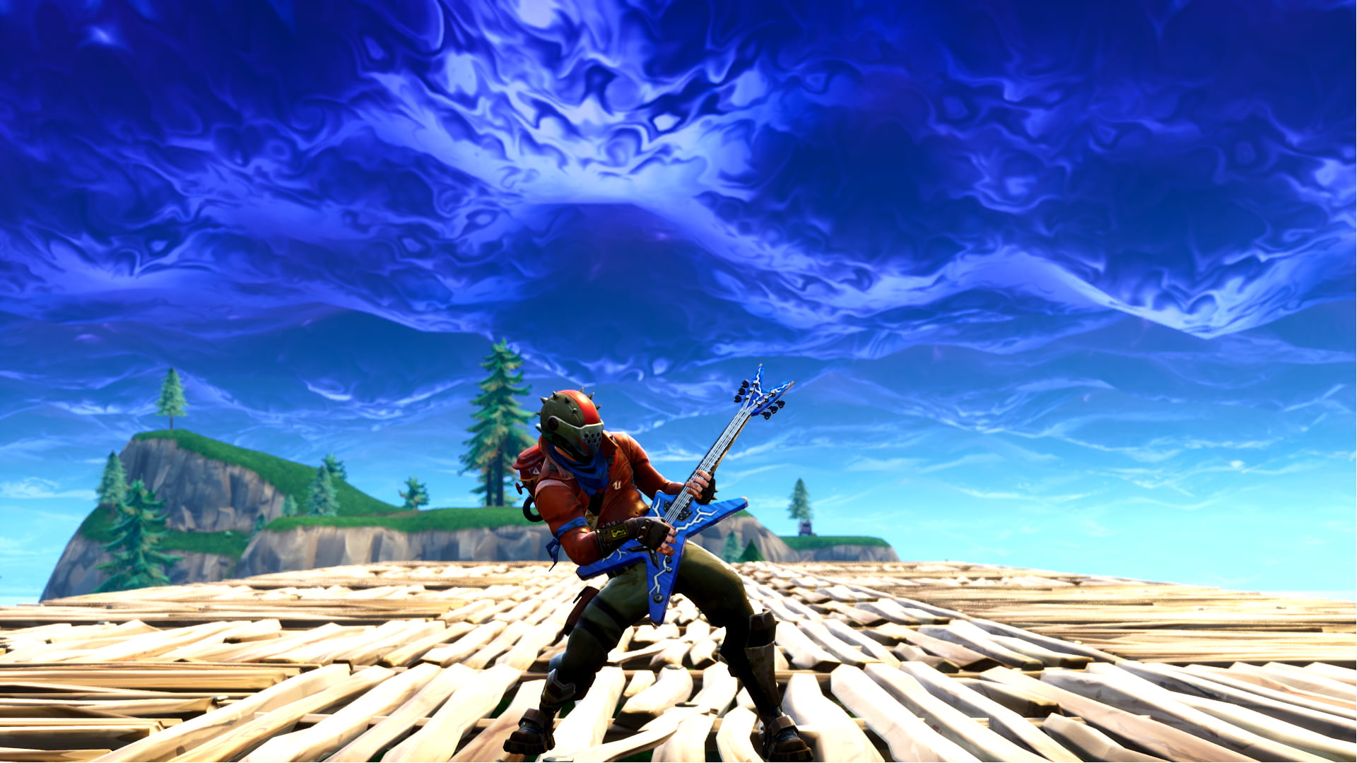 Fortnite game screenshot, guitar, one person, wood - material