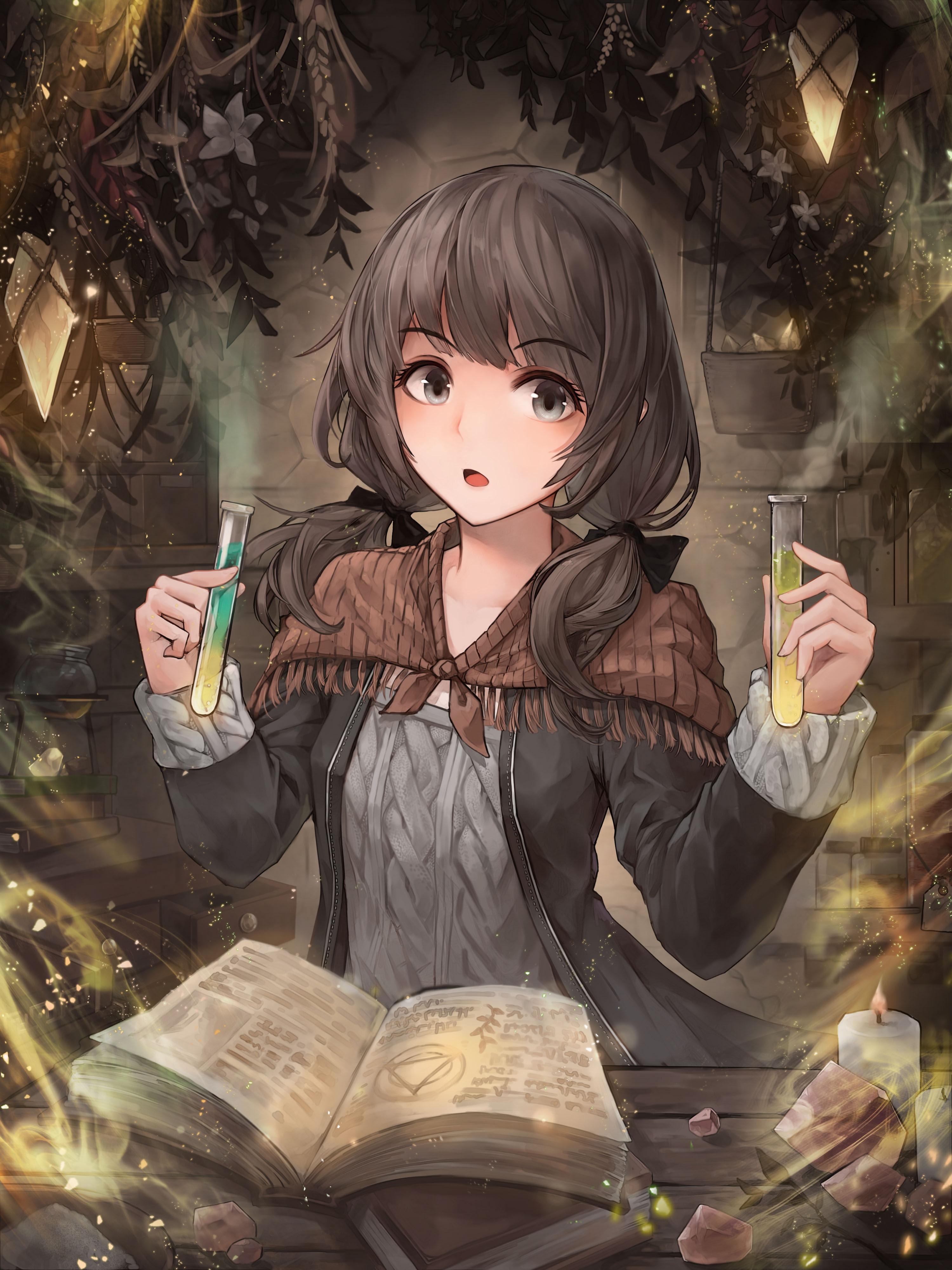 anime girl, magic, brown hair, spell book, one person, looking at camera