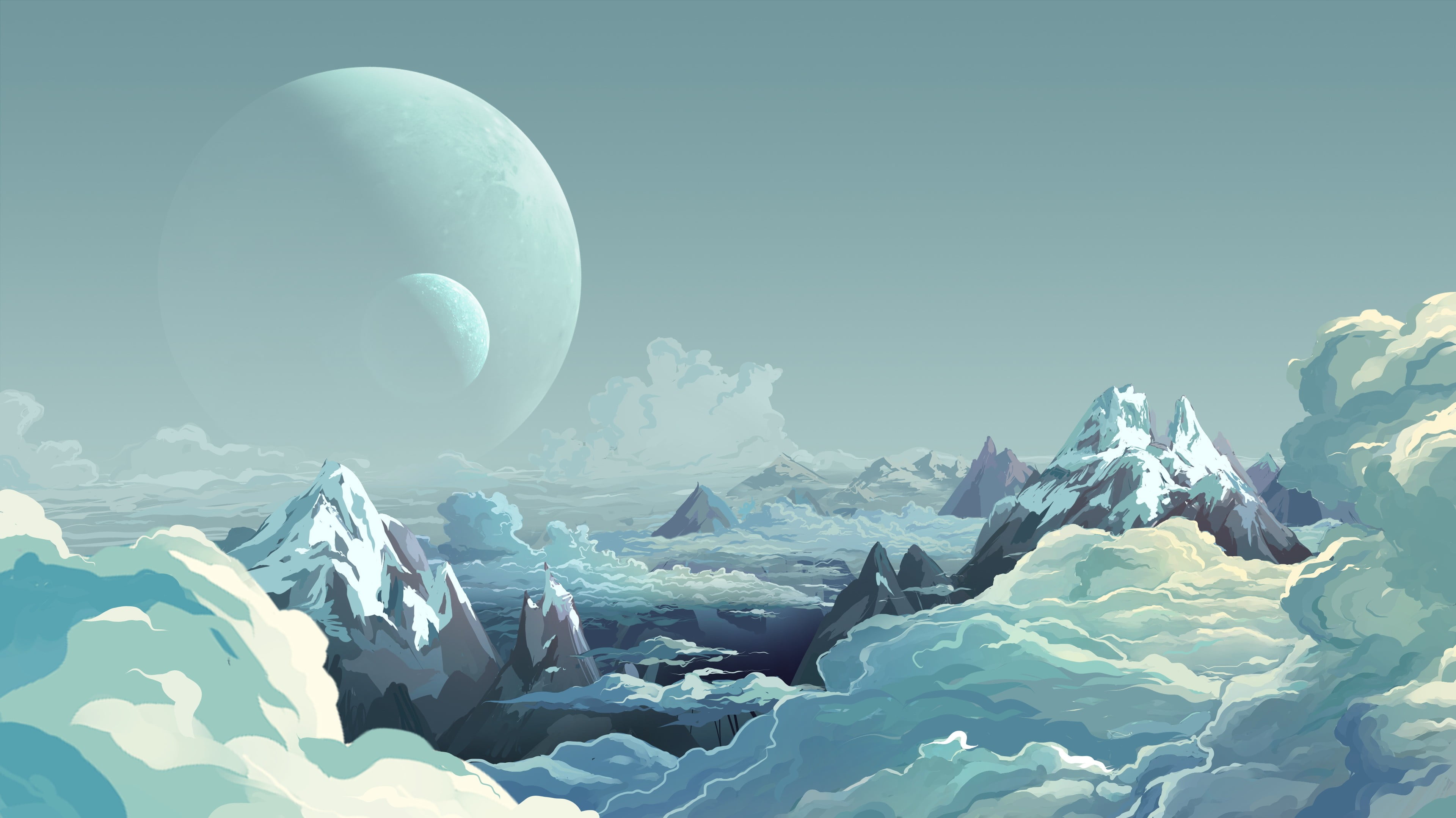 snow capped mountains wallpaper, artwork, illustration, sky, digital art