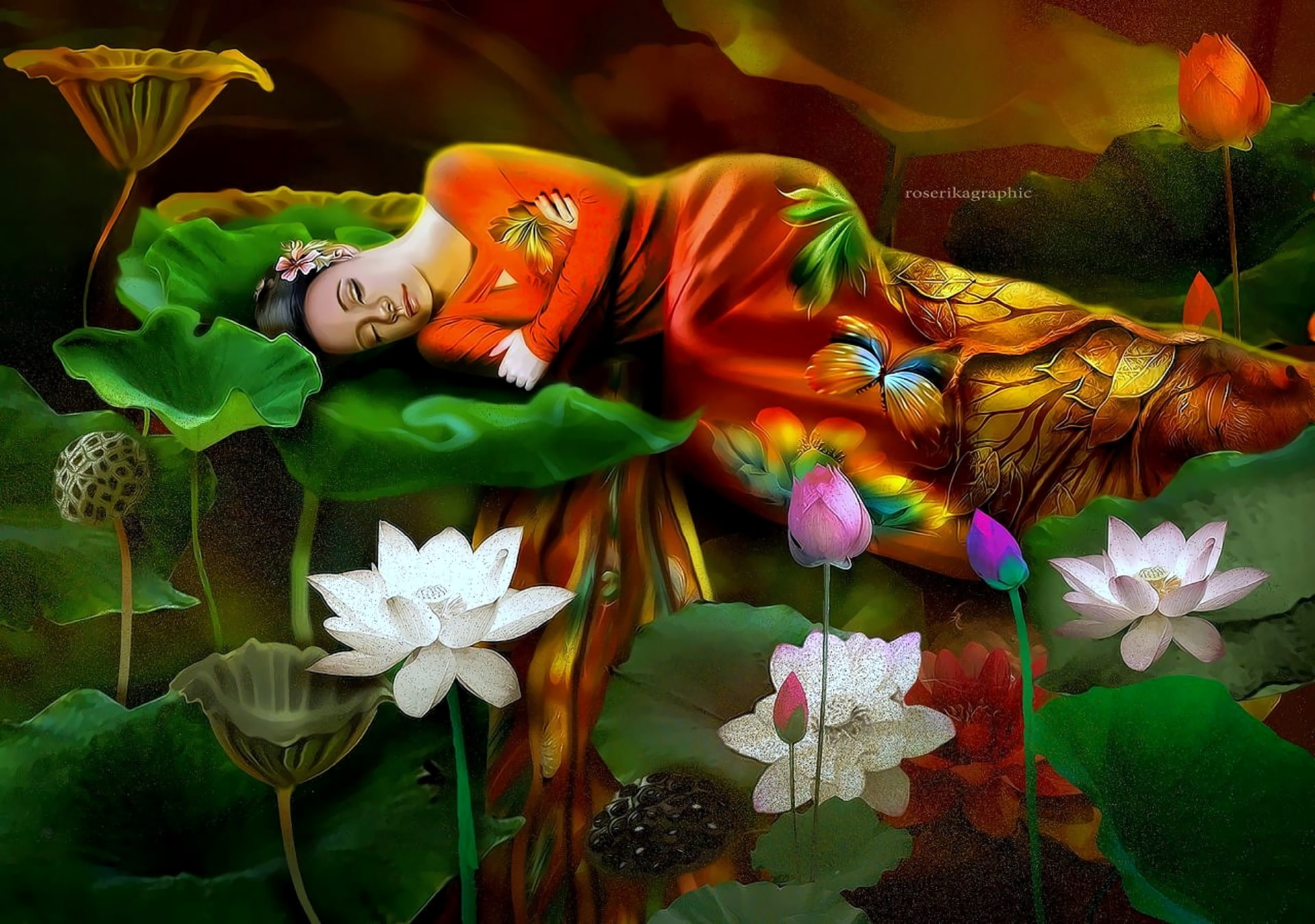Fantasy, Fairy, Artistic, Girl, Lily Pad, Lotus, Sleeping, Woman