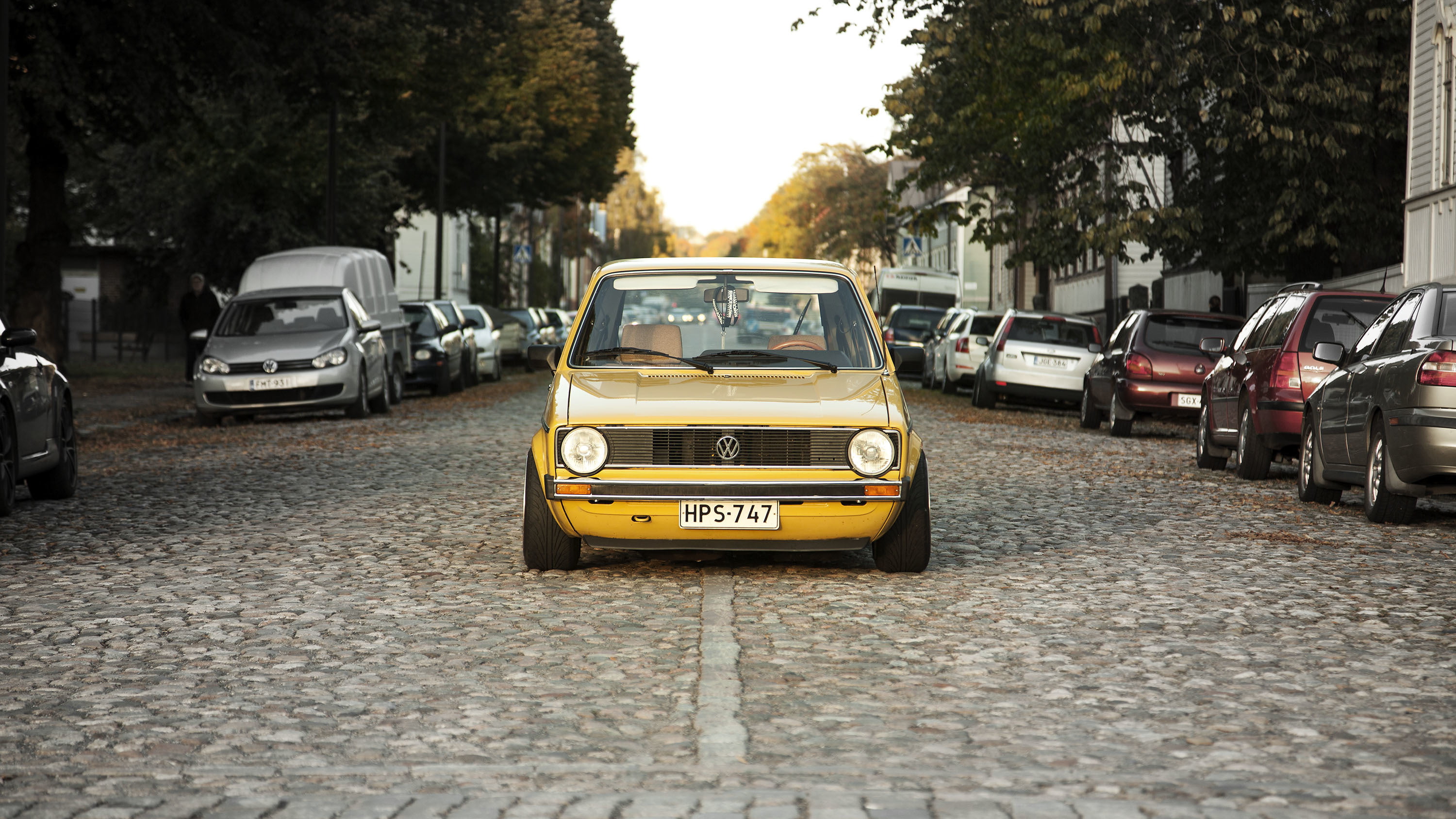yellow vehicle, volkswagen, golf, mk1, front view, car, street