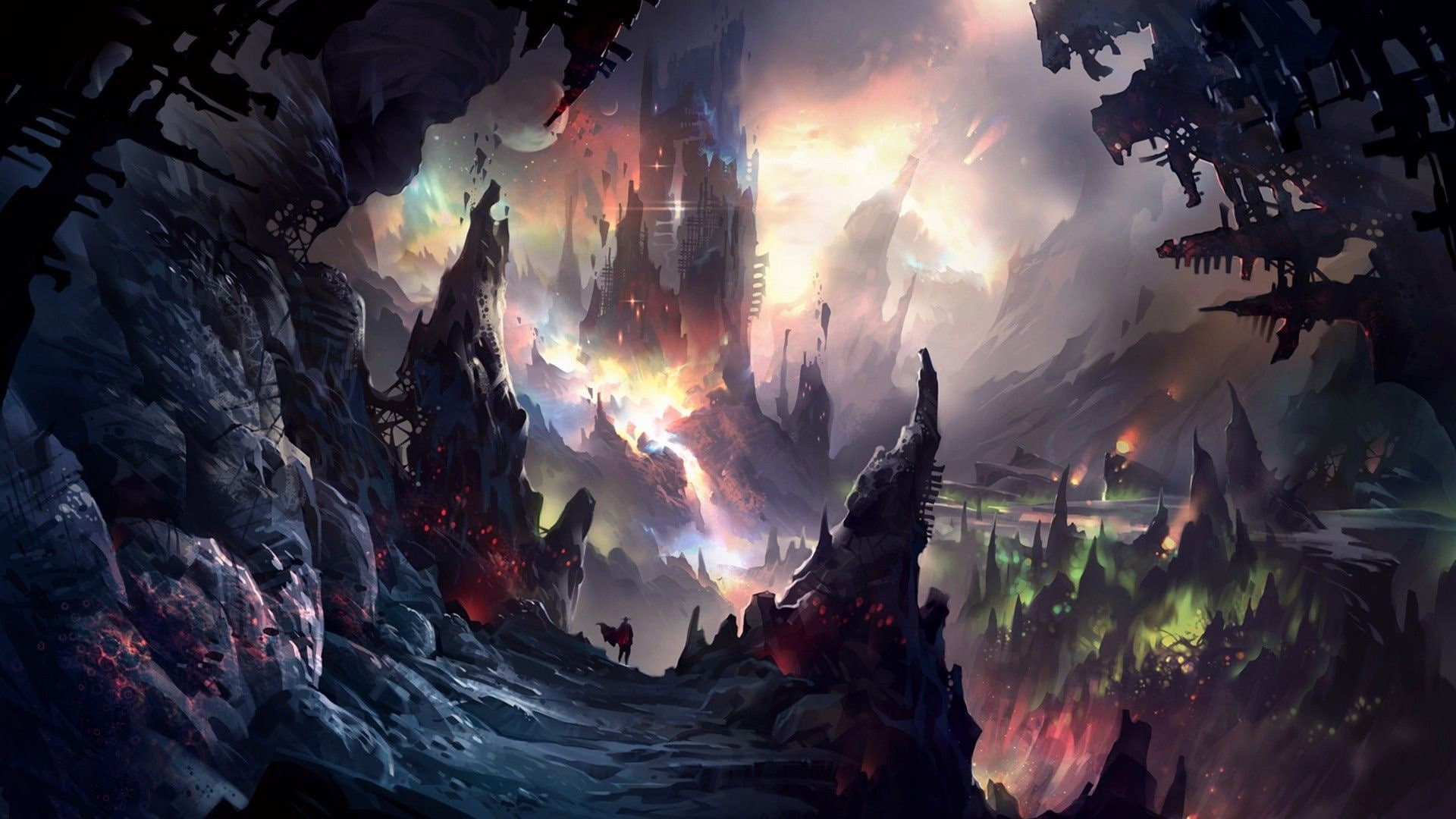 dark cave, landscape, underworld, towers, artwork, Fantasy