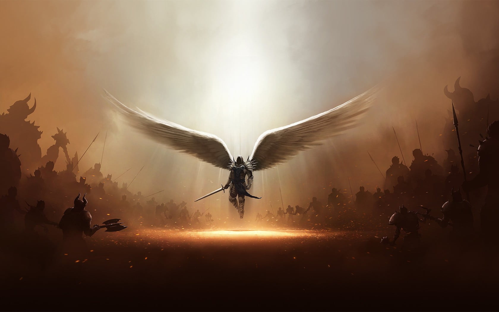man with sword and wings illustration, artwork, angel, Diablo