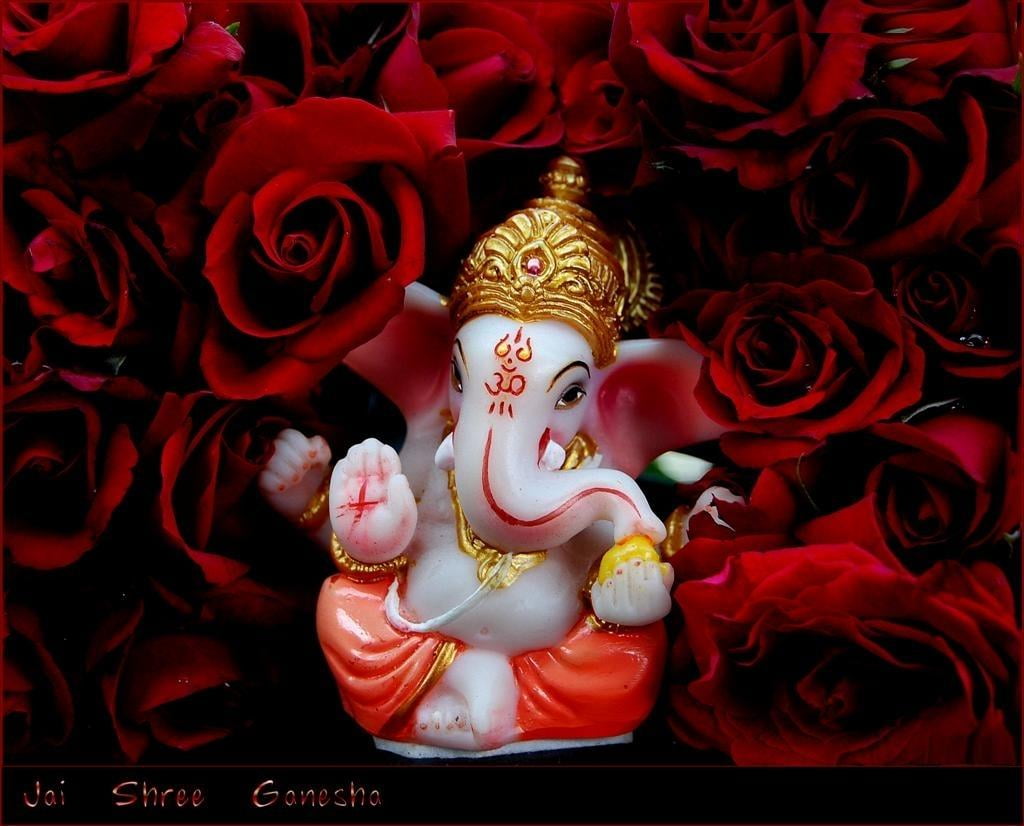 Shri Ganeshay Namah, Lord Ganesha figurine, God, red, rose, statue