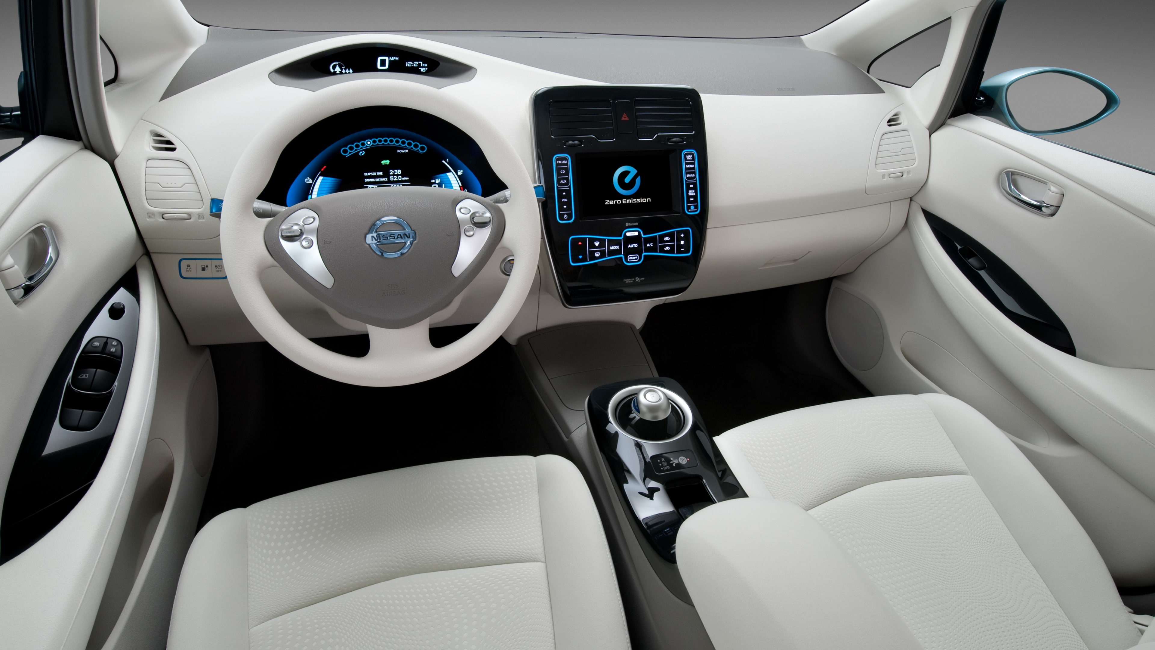 gray and white car interior view, Nissan LEAF, electric cars