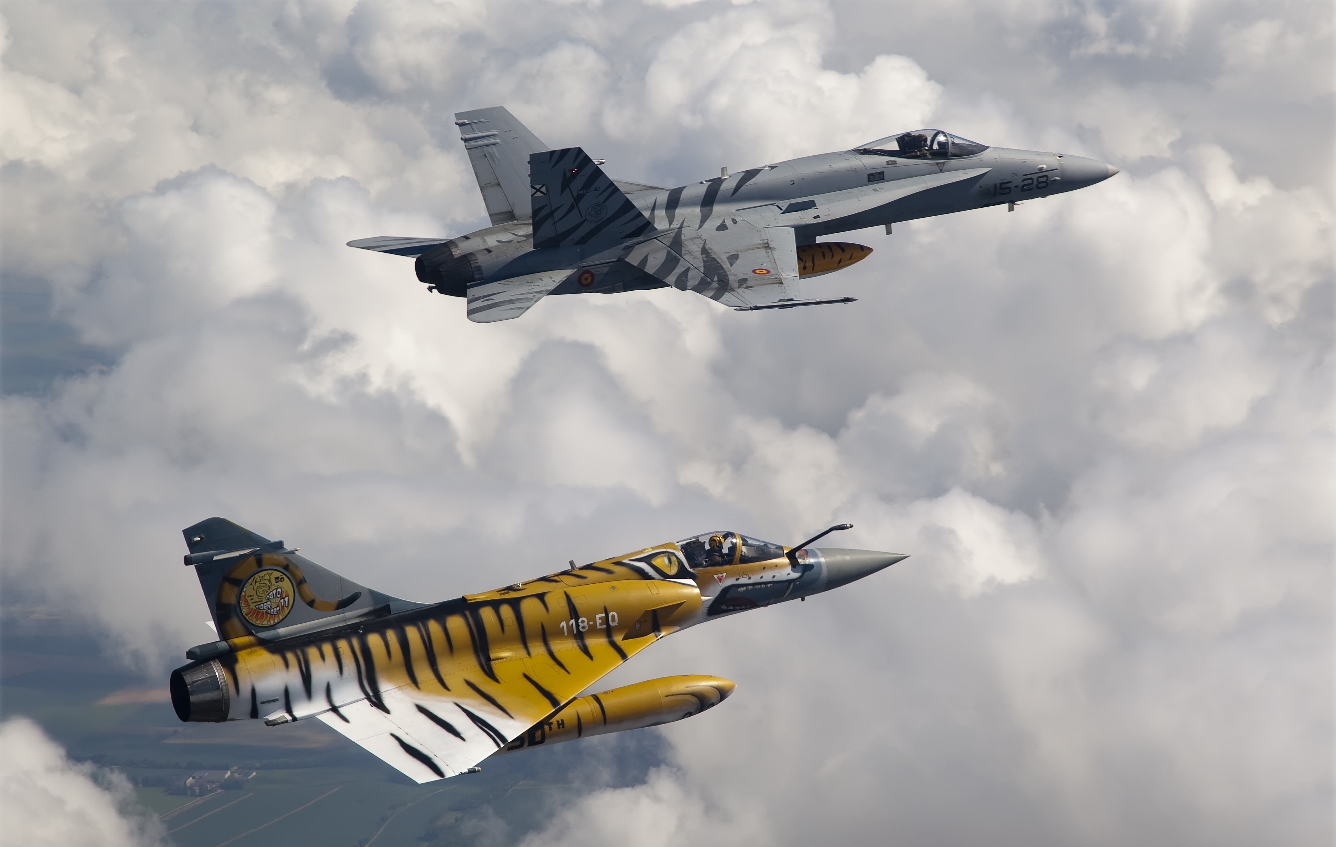 gray and yellow aircrafts, The sky, Clouds, Flight, Fighter, Height