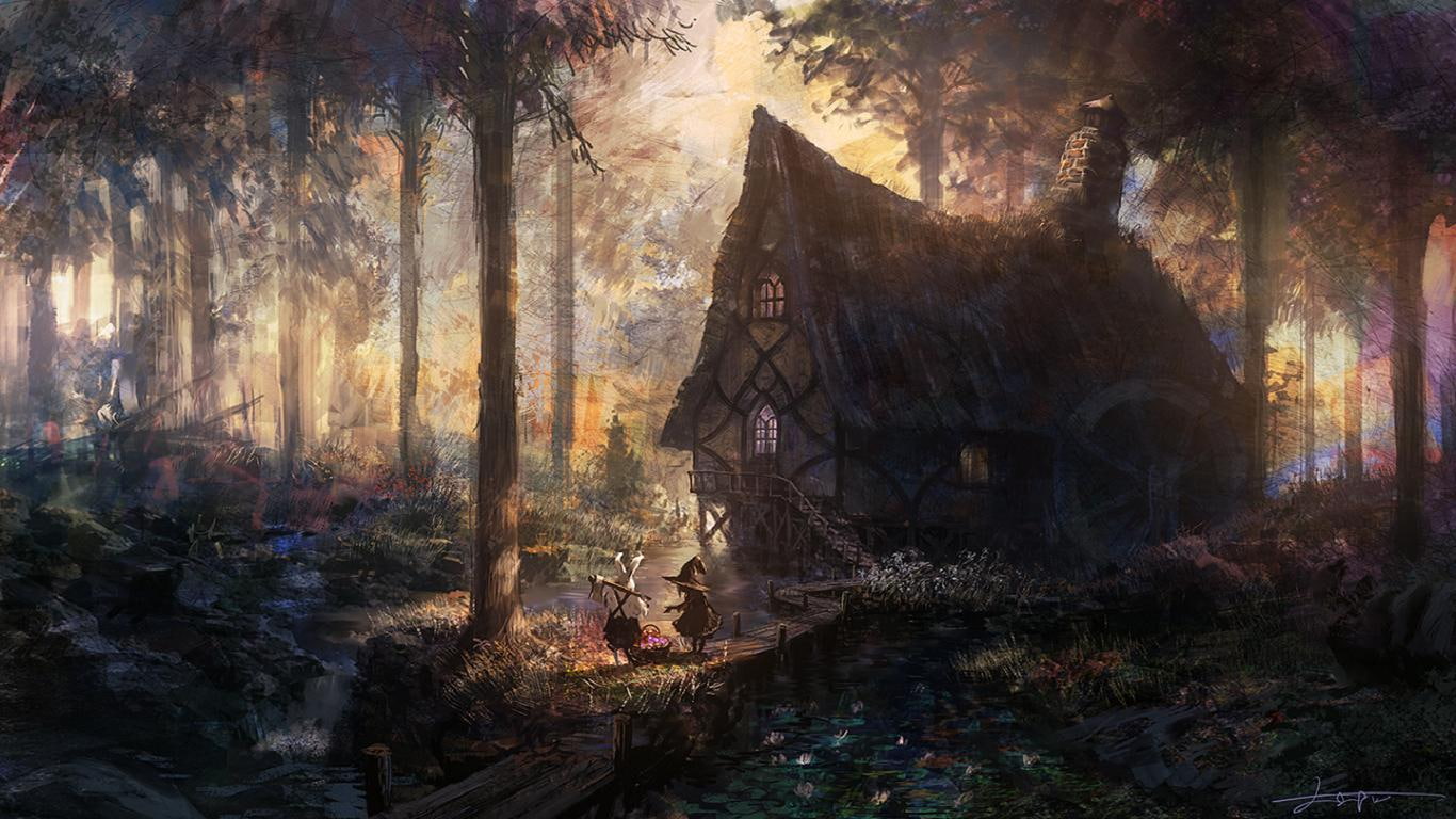 House, Forest, River, Trees, Artwork, Fantasy Art, Cabin, man, woman and wooden house painting