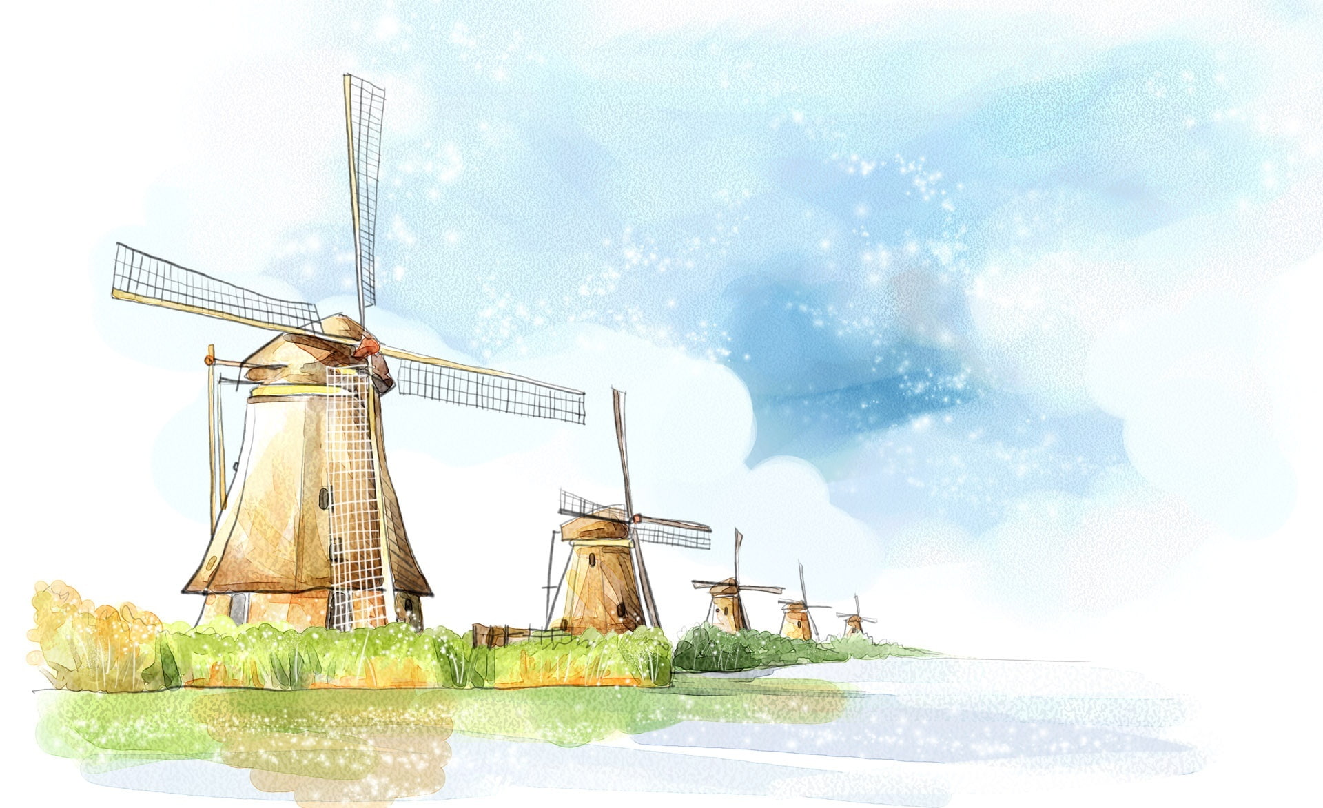 2D Digital Art 25, windmill near body of water illustrationb