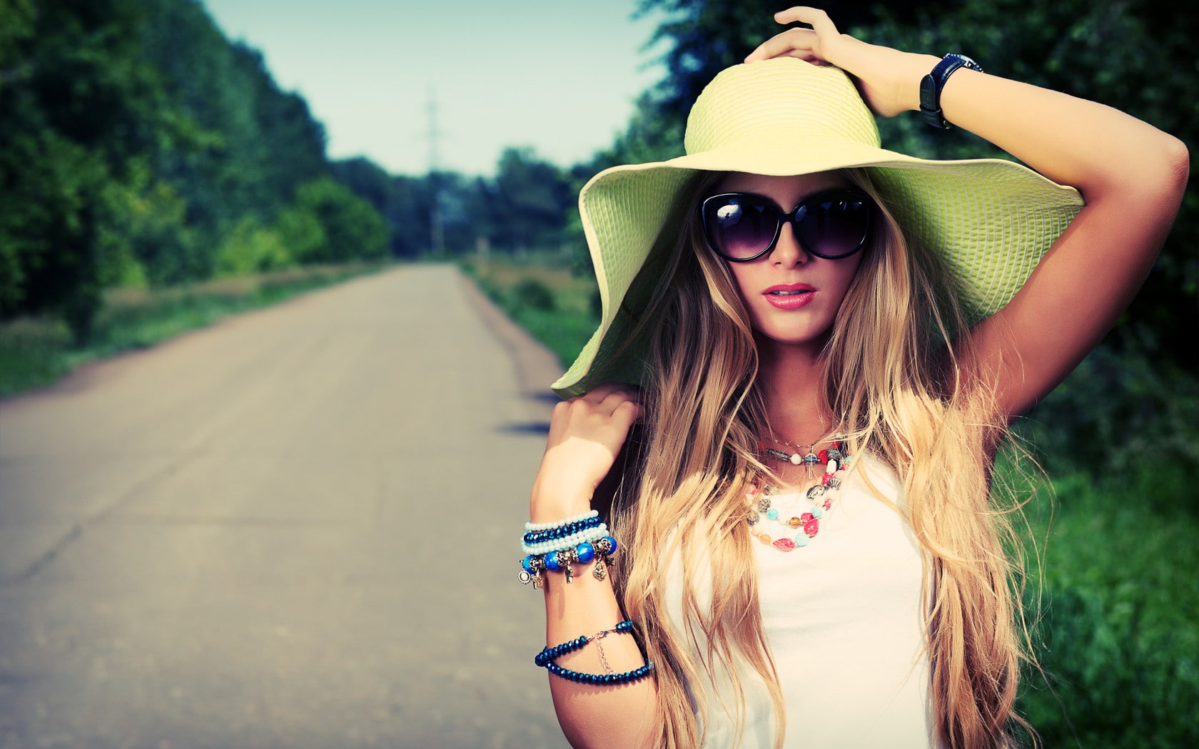 women, hands on head, hat, road, sunglasses, blonde, necklace