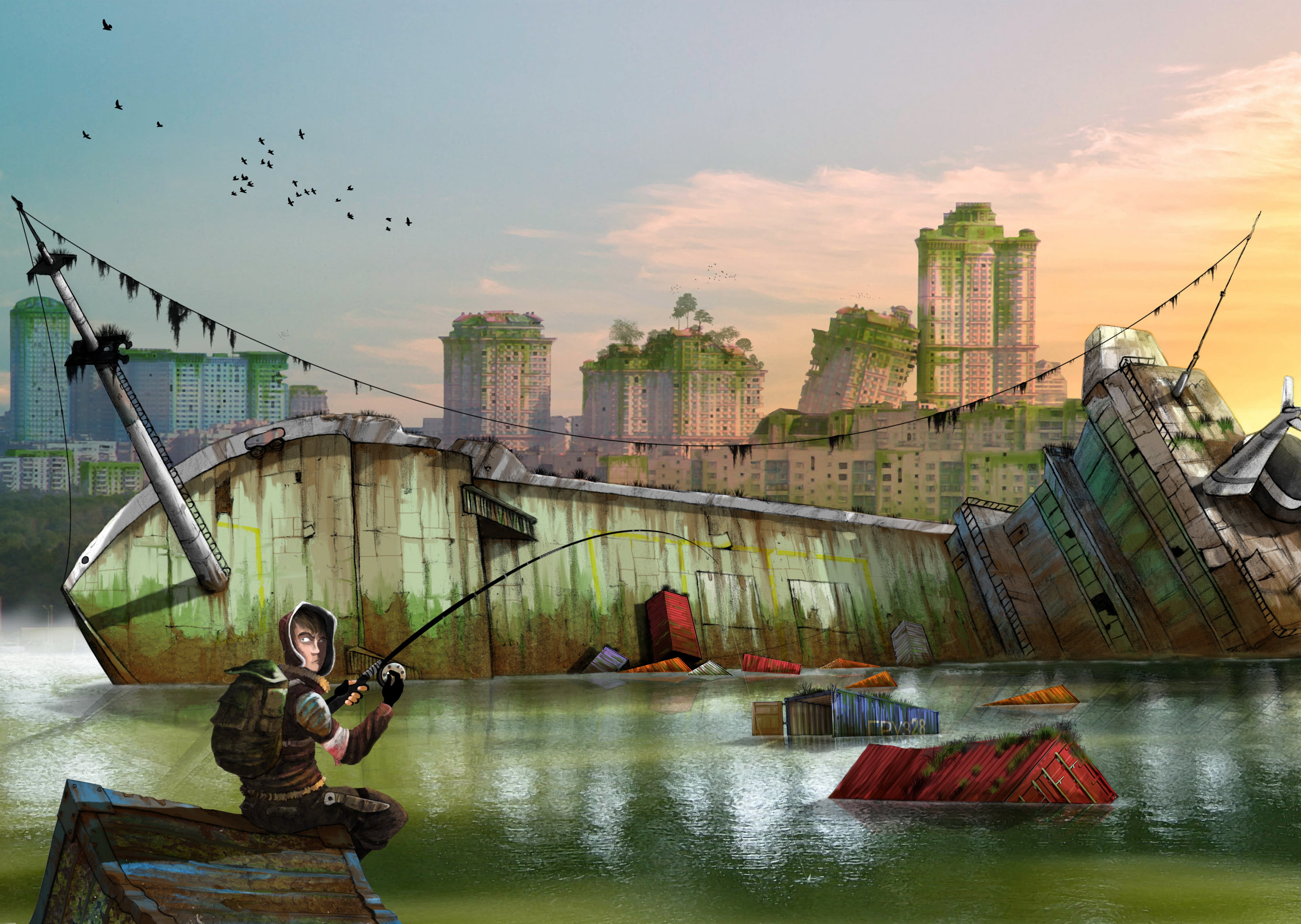 person fishing wallpaper, water, people, ship, art, postapokalipsis