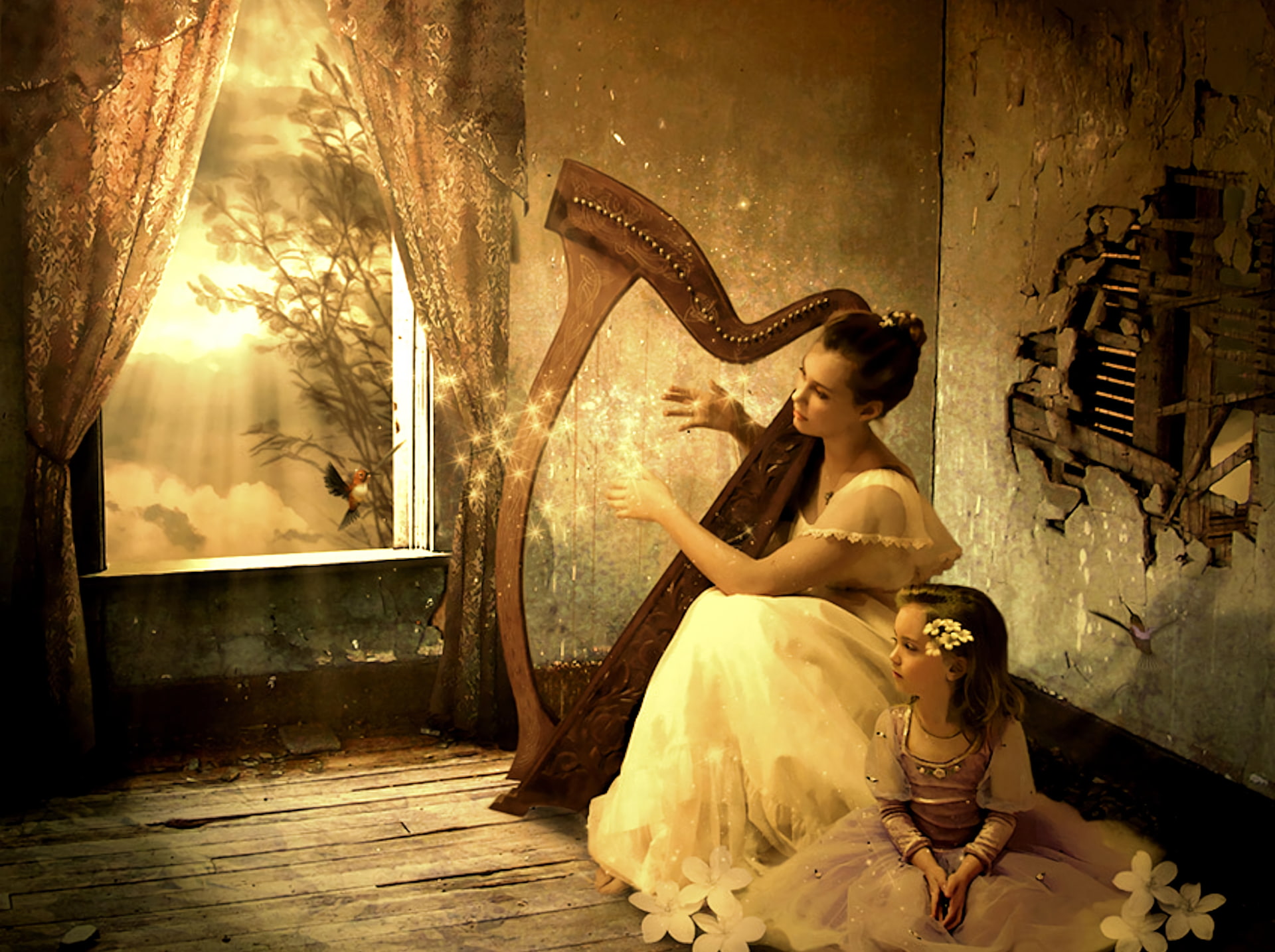 Artistic, Vintage, Child, Girl, Harp, Room, Woman