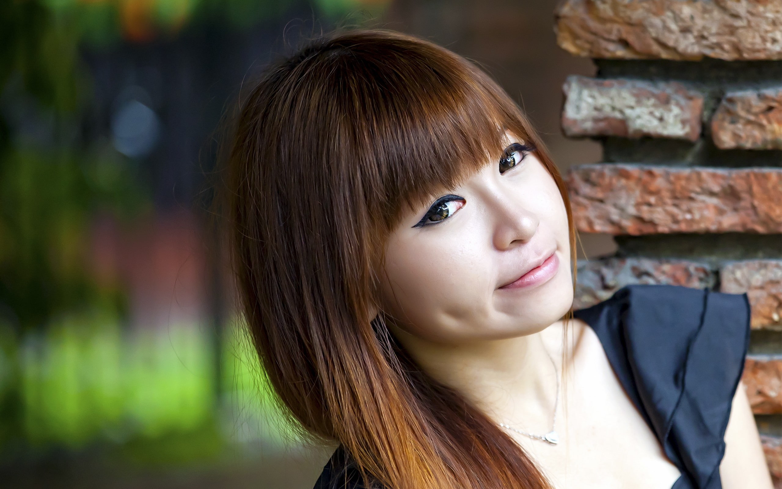 asians, bangs, faces, models, smiling, women