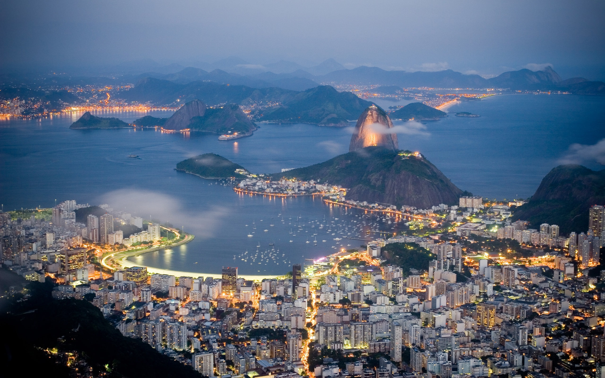 Brazil, Rio de Janeiro, evening, sea, lights, coast, houses, mountains