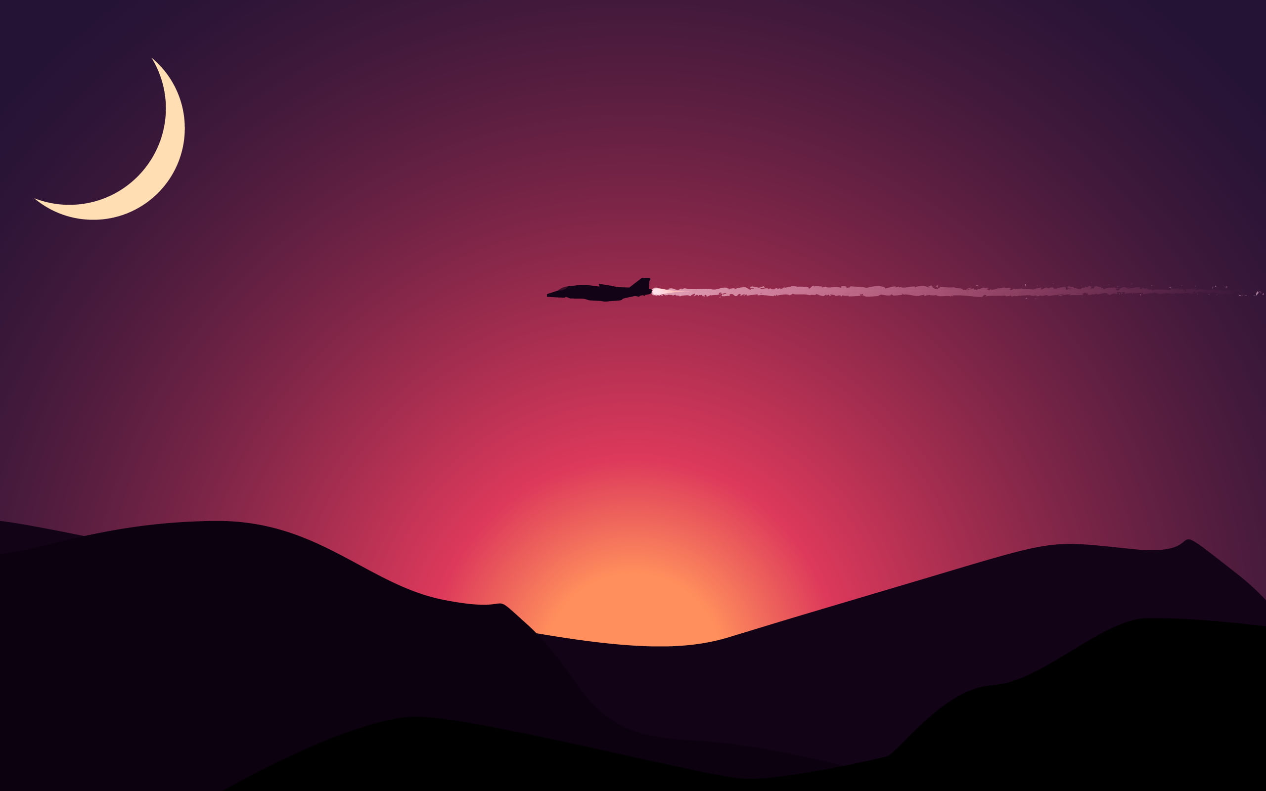 black plane illustration, airplane above mountains with sunset under crescent moon