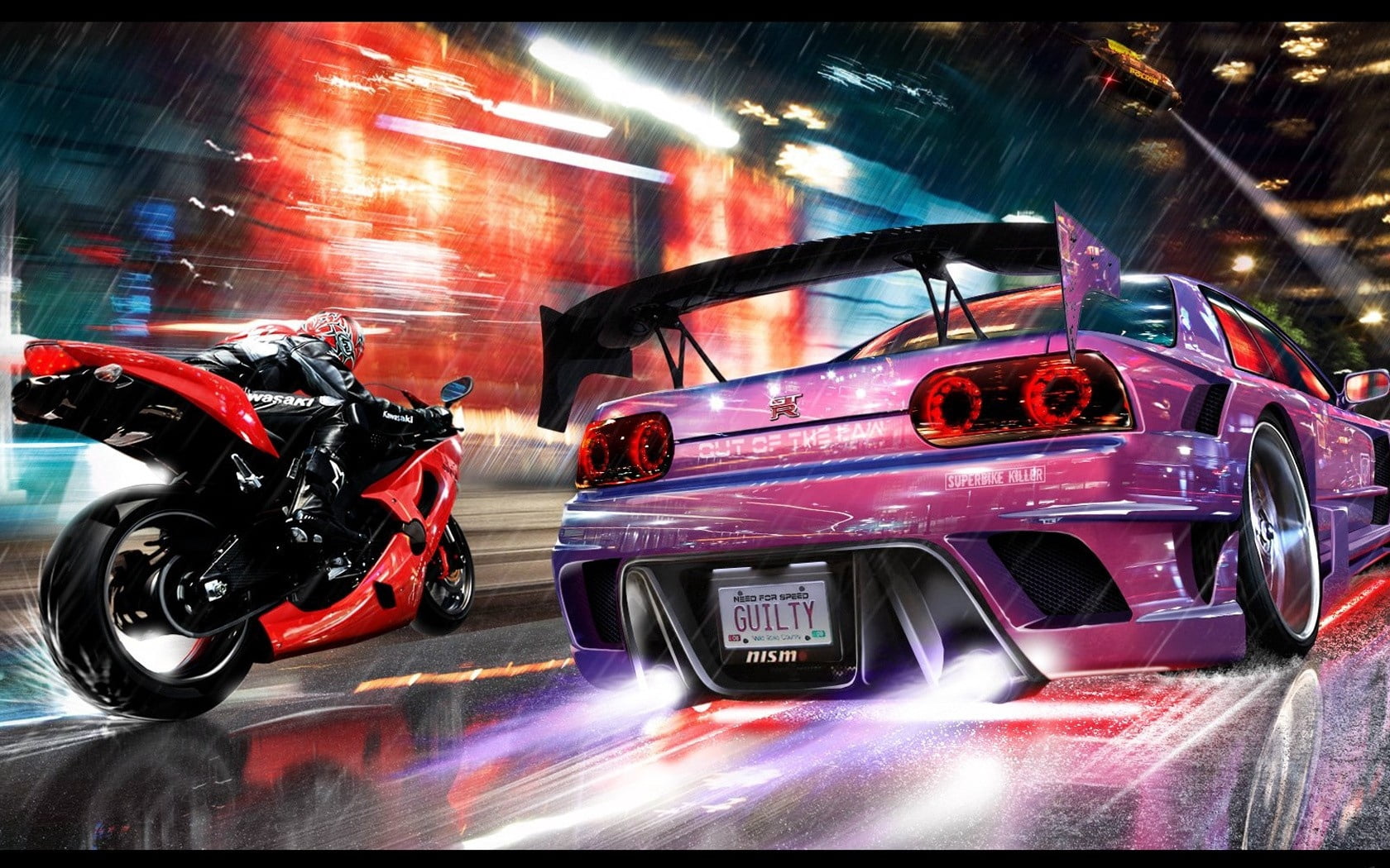purple sports car, nfs, need for speed, motorcycle, nissan gtr