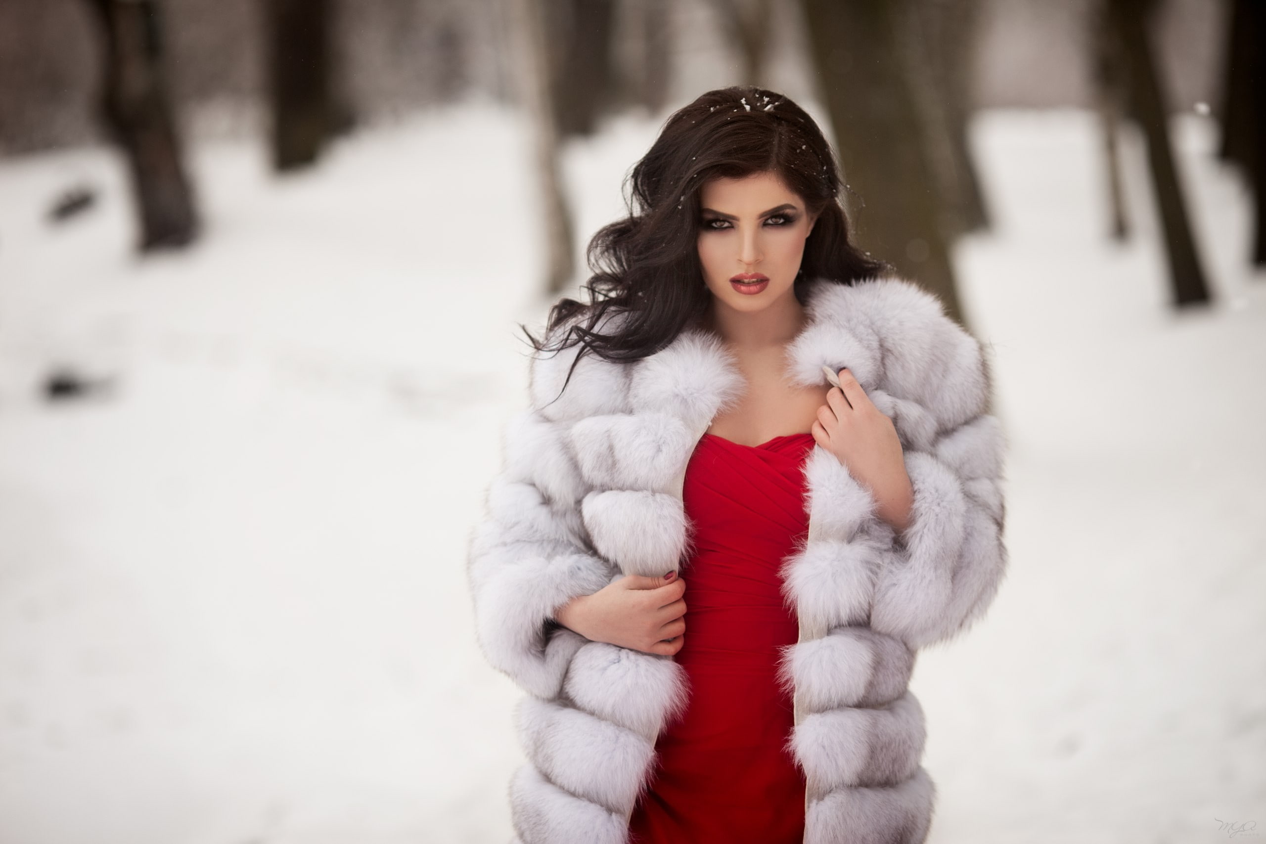 Maria Lelechenko, women, fur coats, portrait, red dress, snow