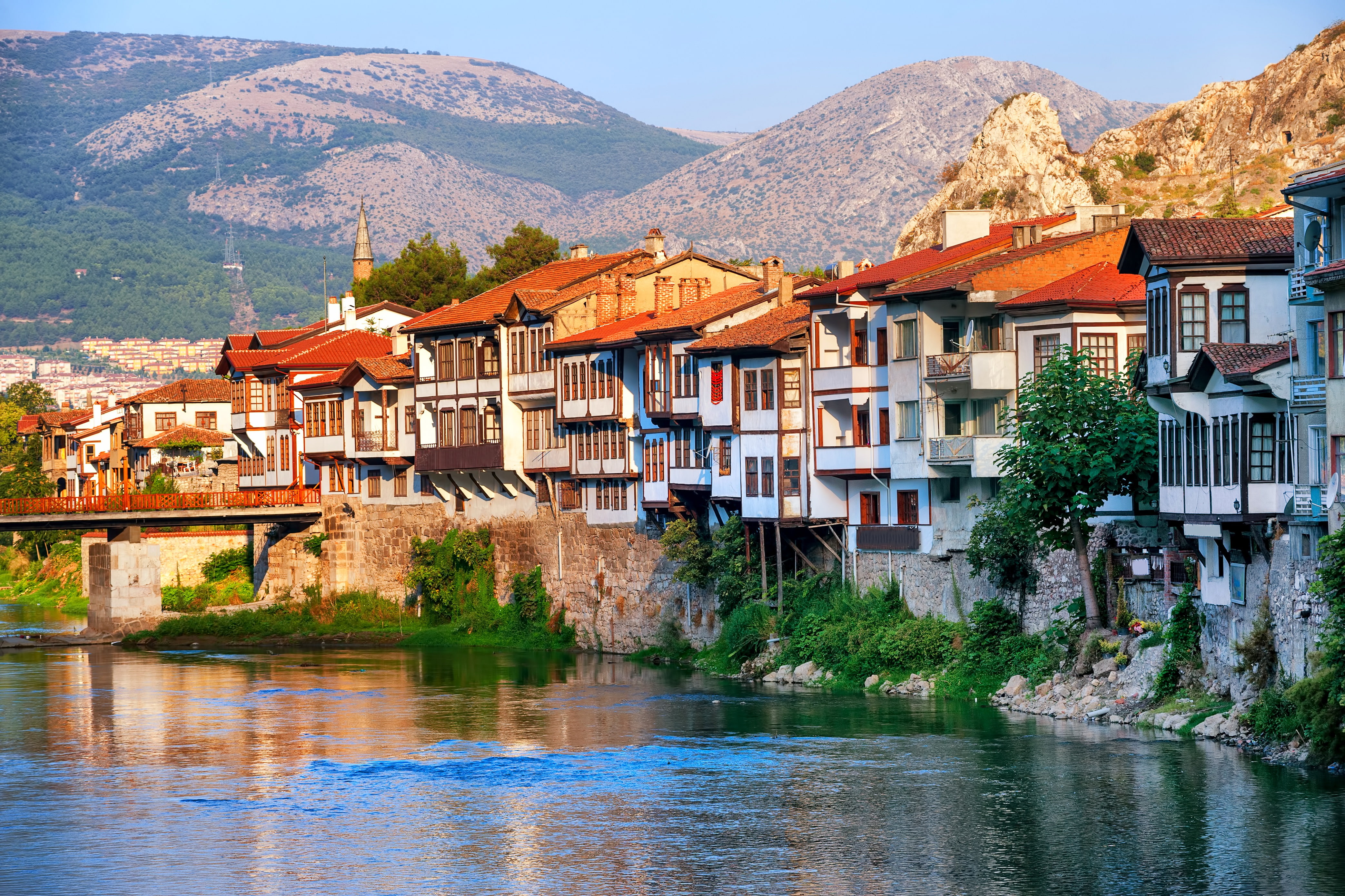 landscape, mountains, bridge, river, rocks, home, Sunny, Turkey