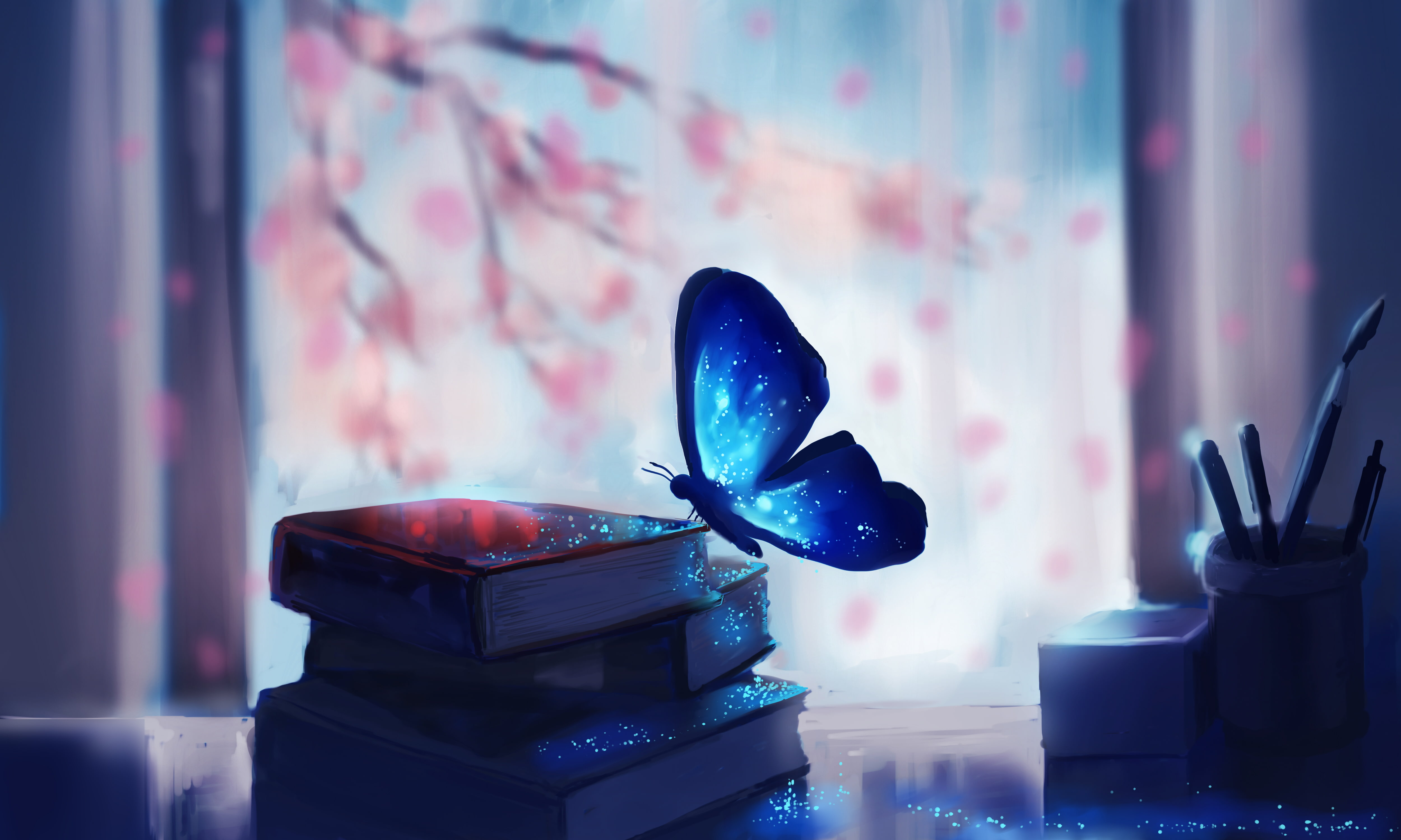 Fantasy, Books, Blue, Butterfly, 4K