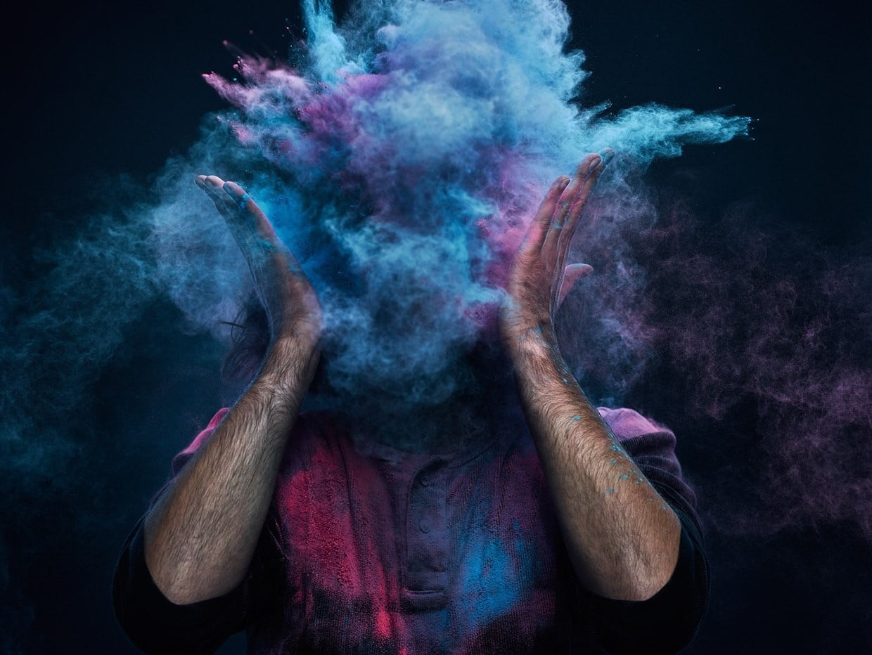 blue and purple powder explosion, dust, smoke, colorful, men