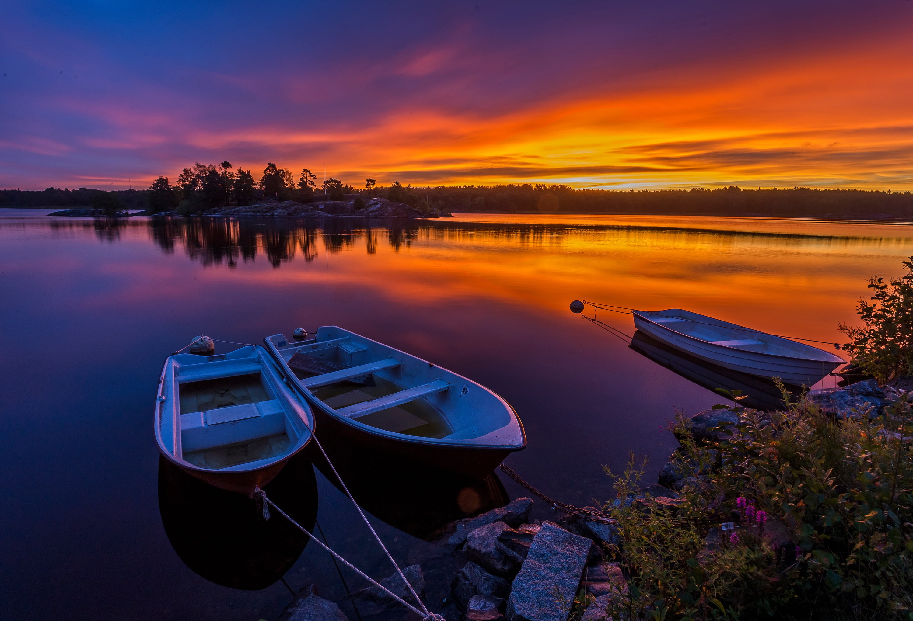 three white dinghy boats, forest, the sky, sunset, river, stones