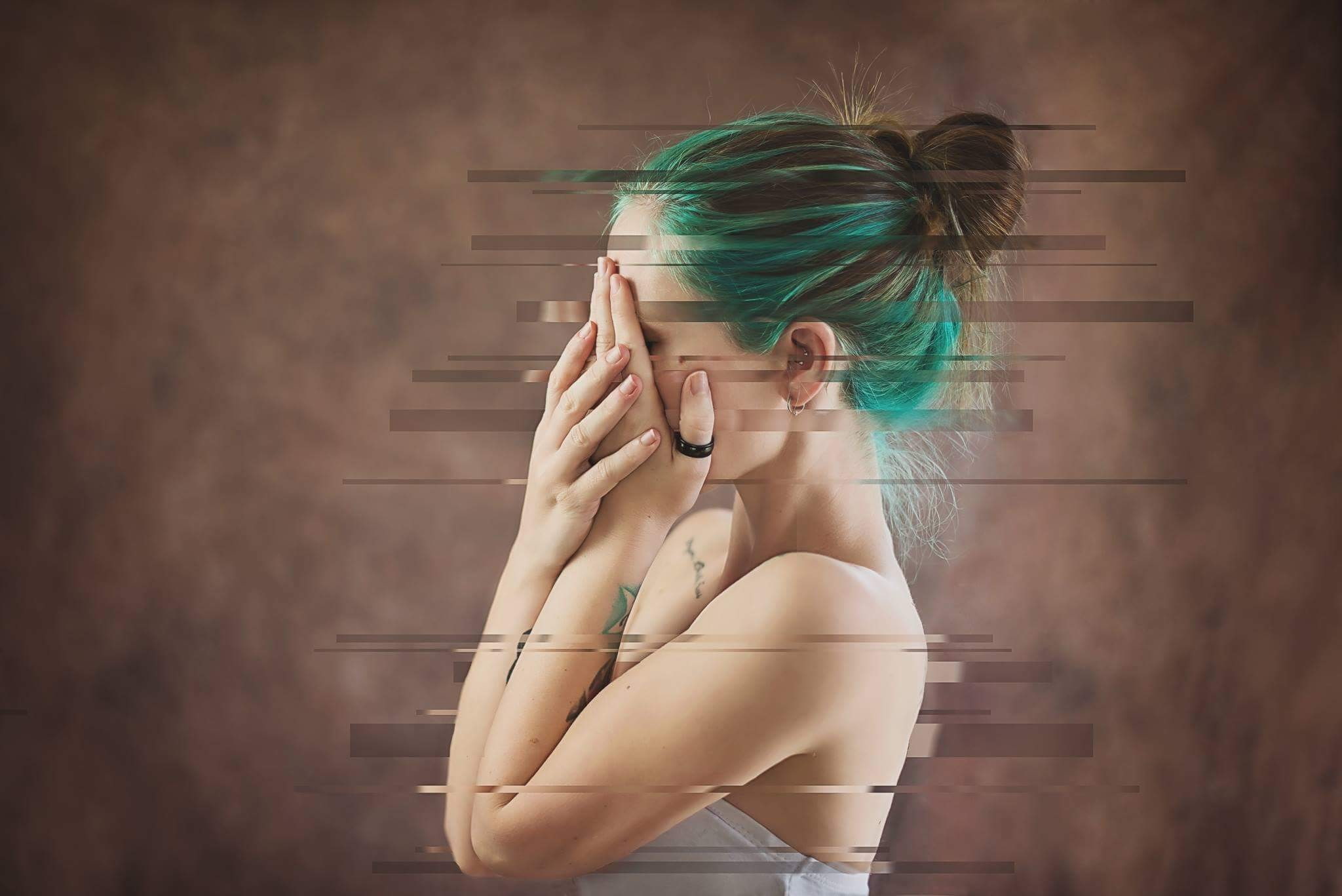 women, dyed hair, covering face, photo manipulation, tattoo