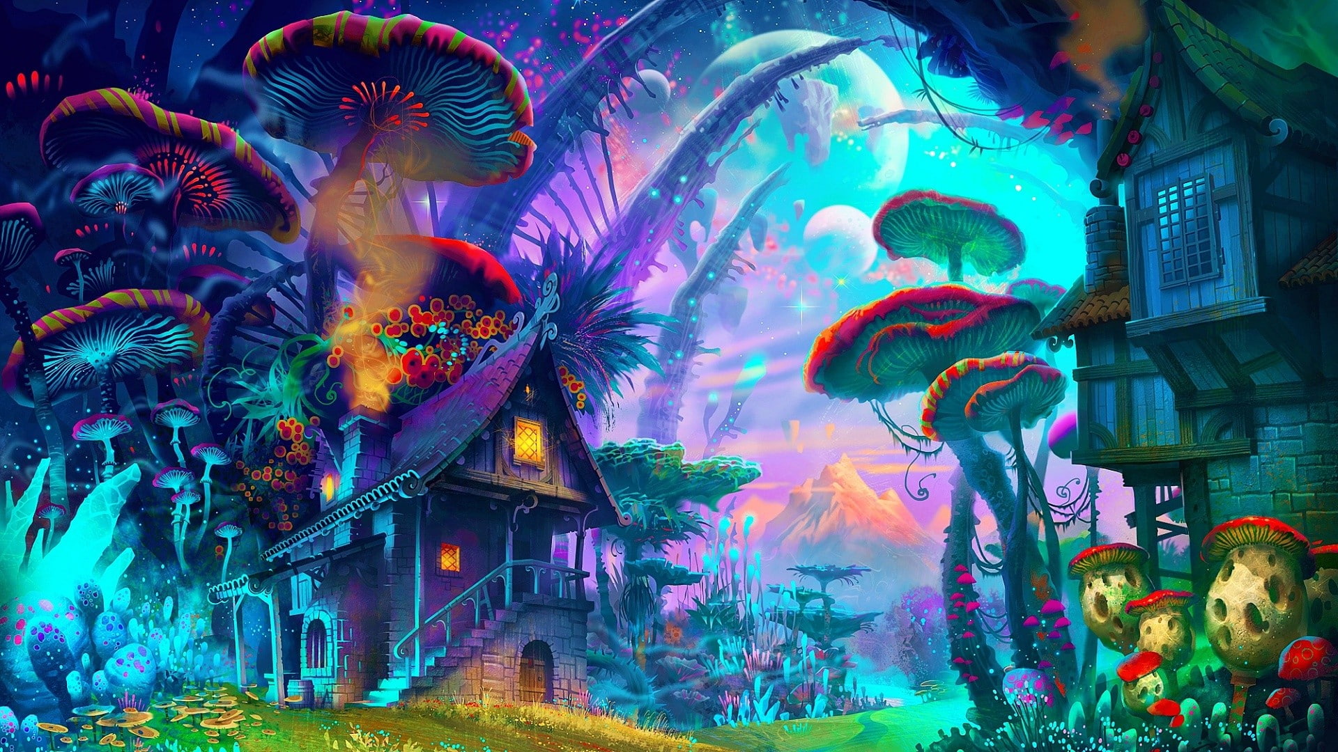 colorful, plants, psychedelic, house, fantasy art, mushroom