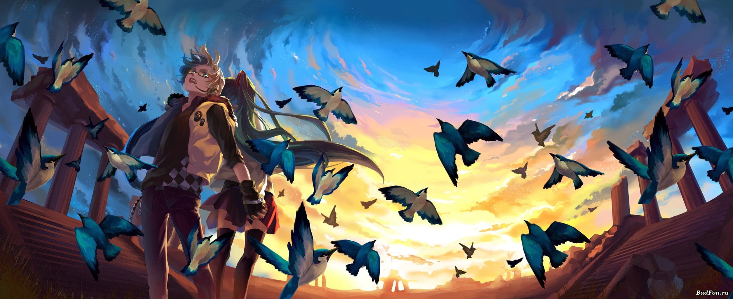 fantasy art, anime girls, birds