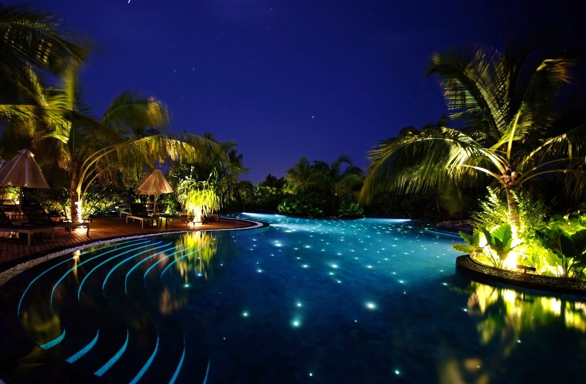 ocean night lights palm trees swimming pools Nature Oceans HD Art