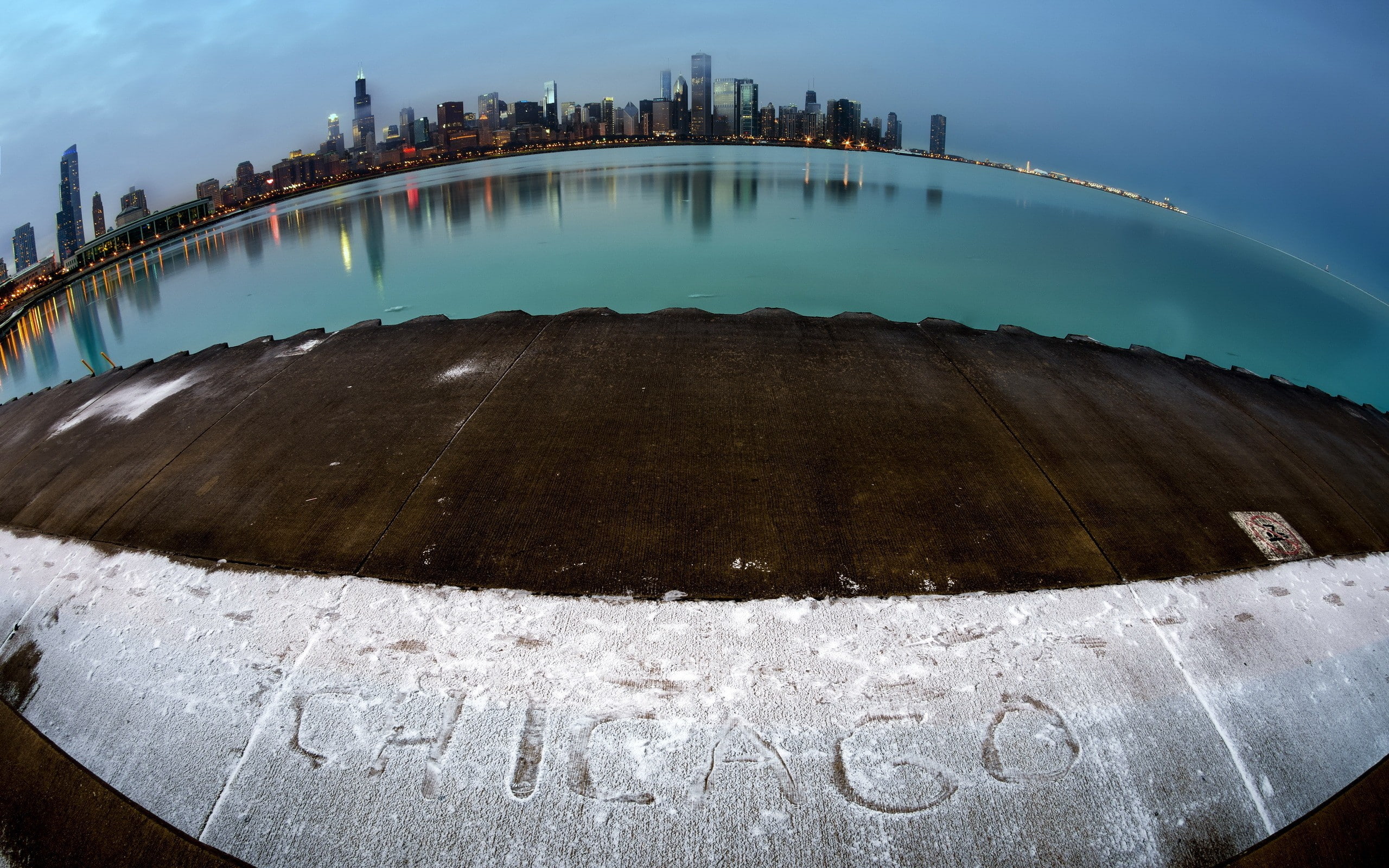 cityscape, Chicago, building, skyline, dock, fisheye lens, water