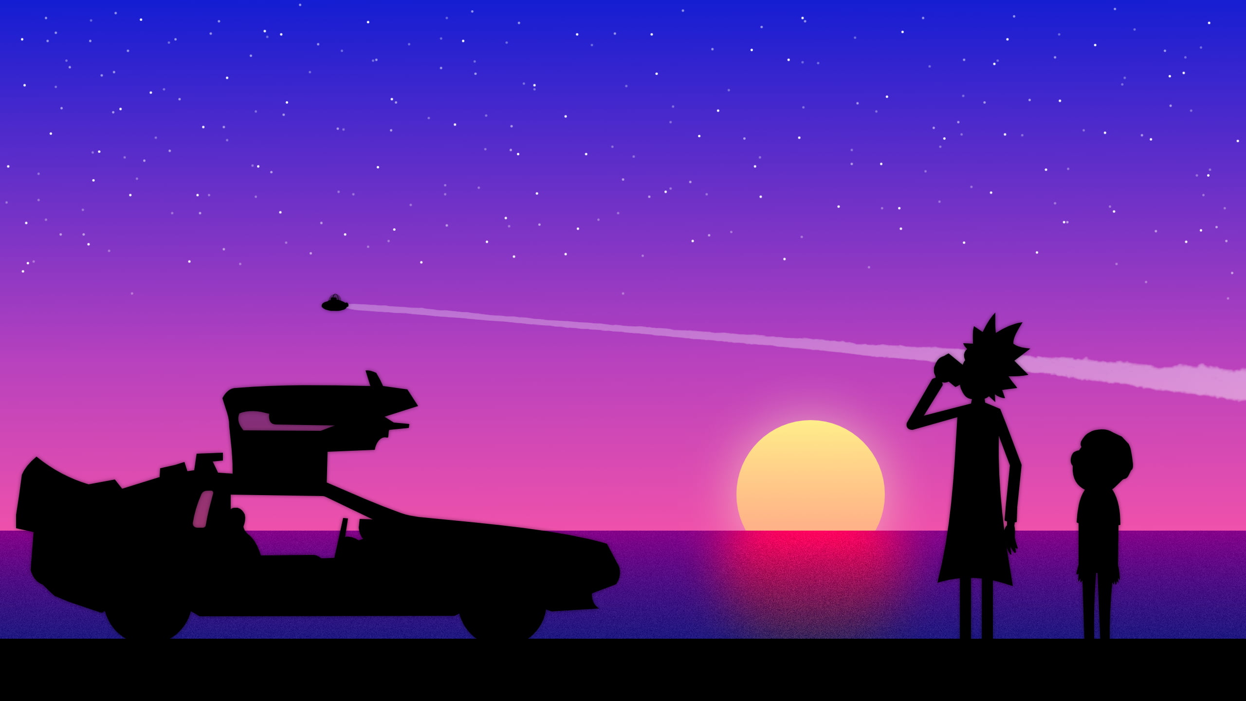 caricature, Rick and Morty, DeLorean, Time Machine, sunset
