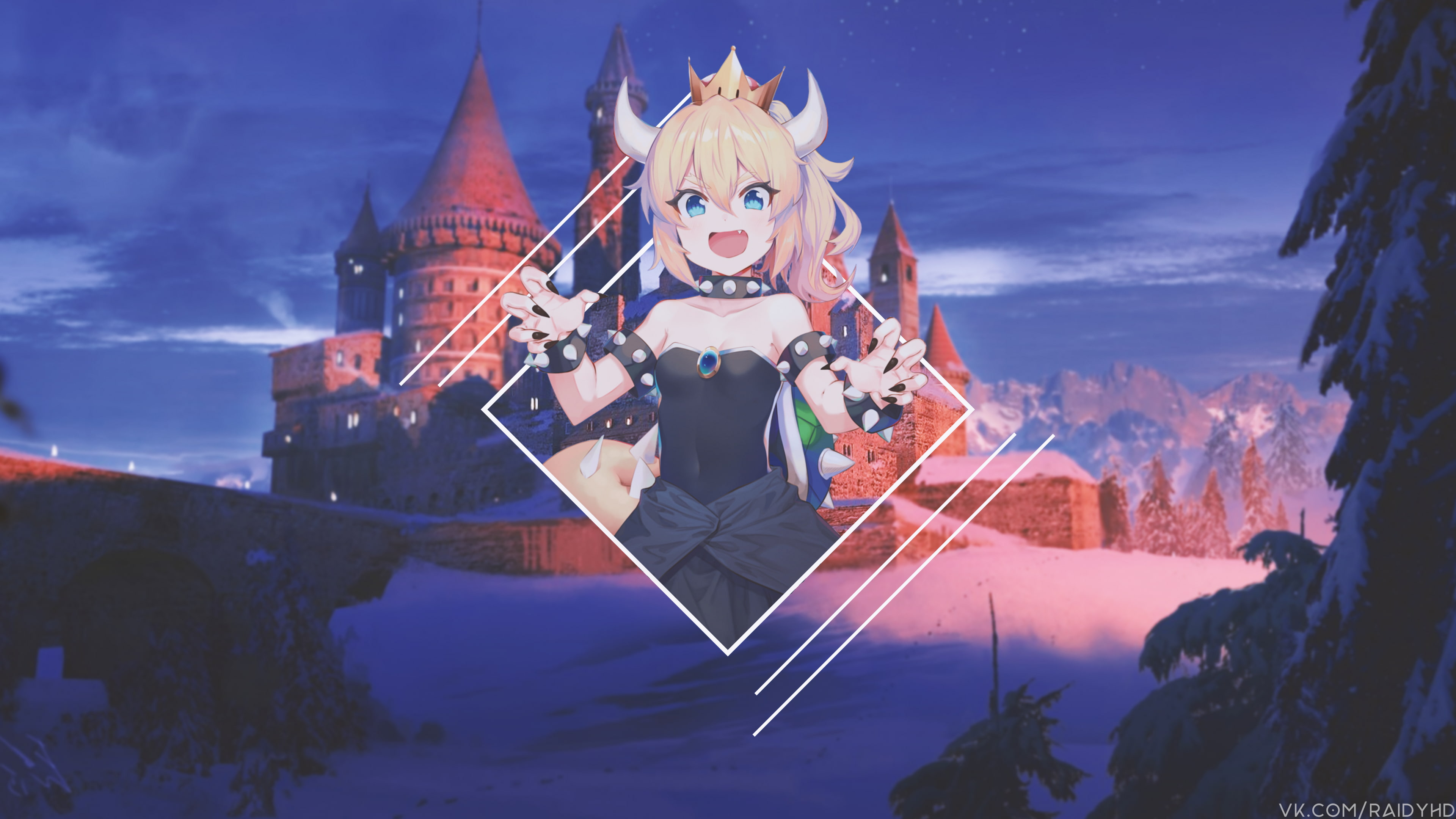 anime girls, picture-in-picture, Bowsette, lolita, horns, blue eyes