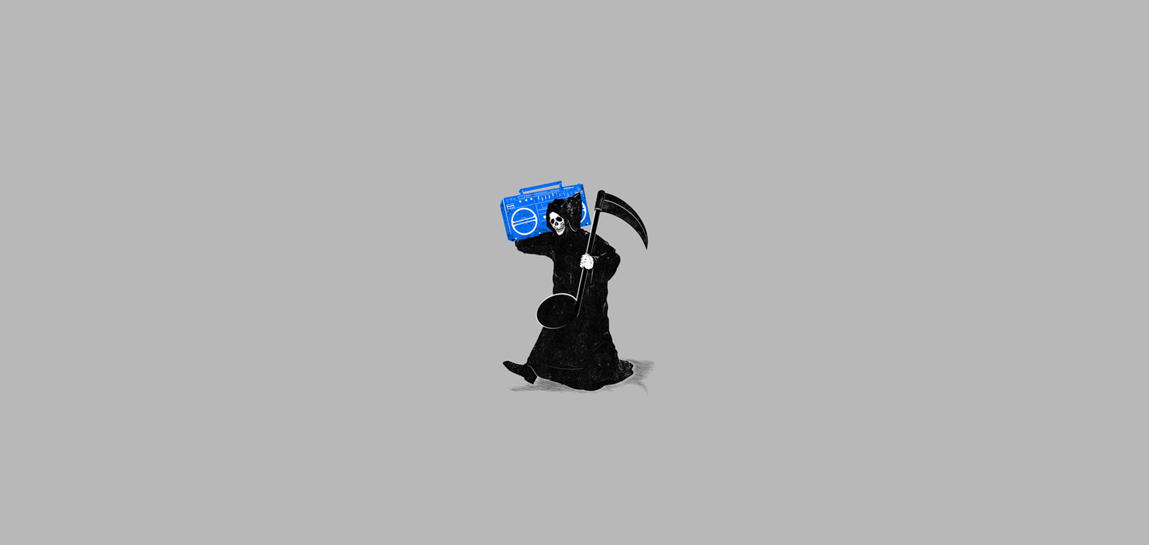grim reaper holding boombox digital wallpaper, music, death, minimalism