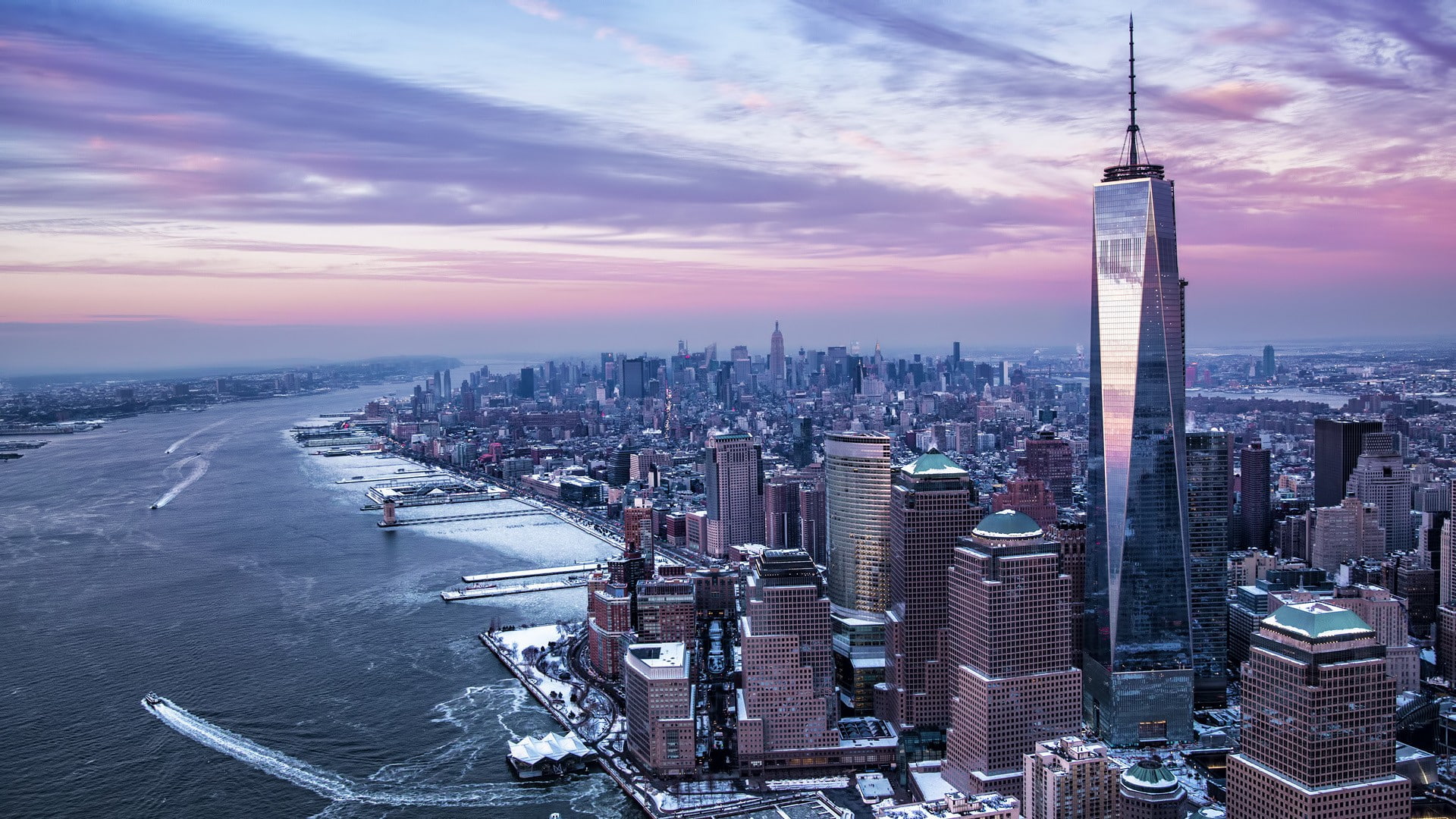snow, river, One World Trade Center, New York City, building