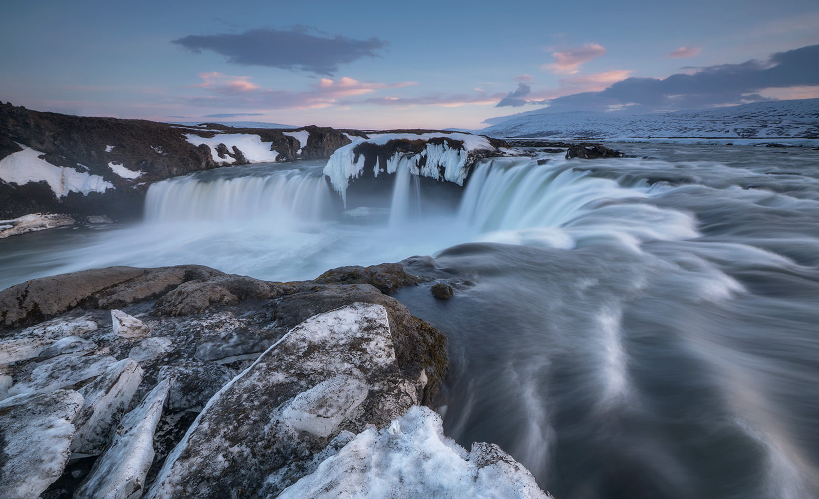 waterfalls wit rocks, iceland, iceland, Plunge, Godafoss, snow
