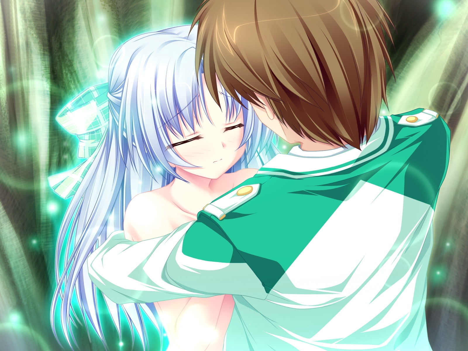 female and male anime character embracing while closing her eyes digital wallpaper