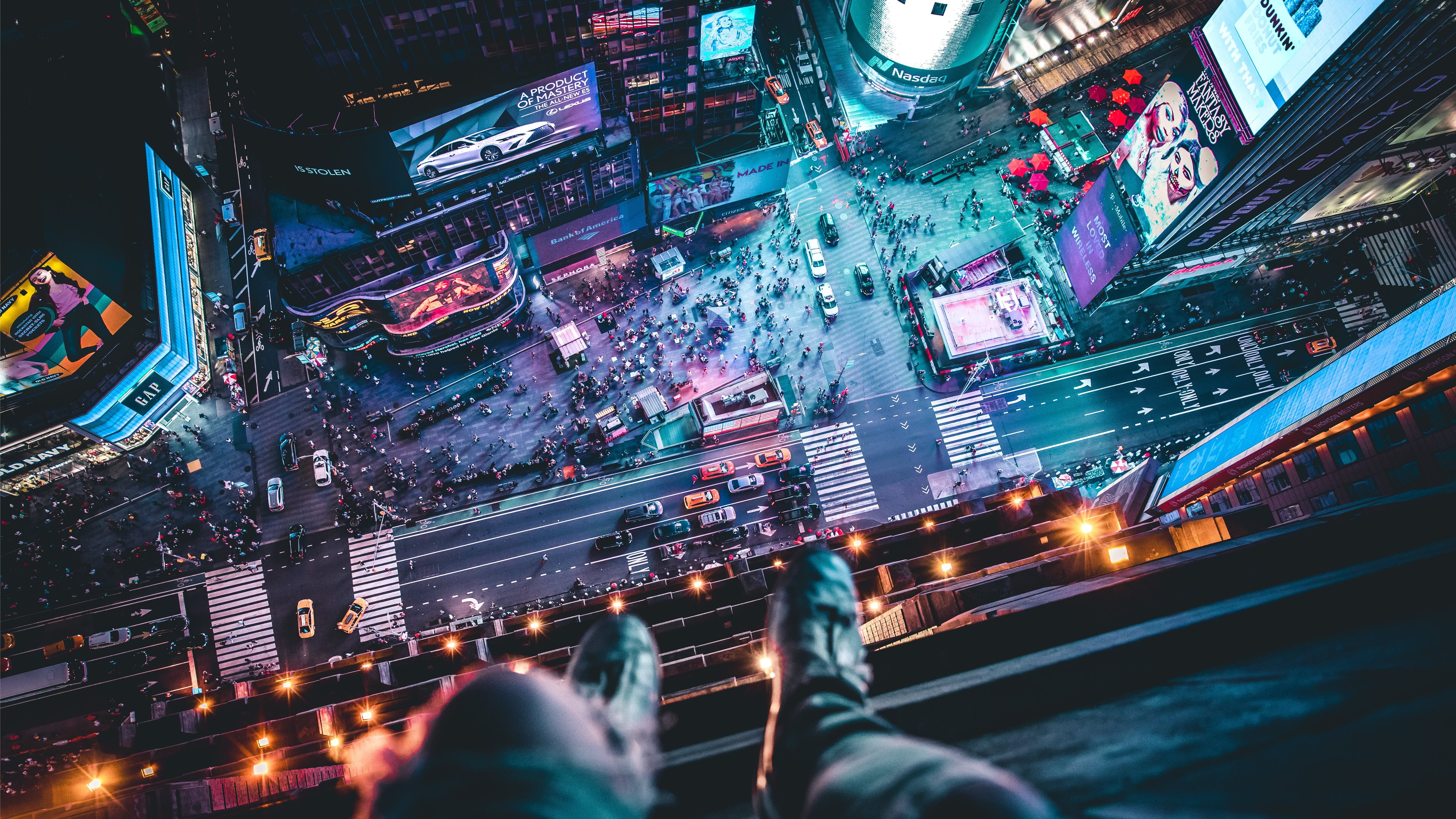 New York City, Times Square, legs hanging, lights, urban, building
