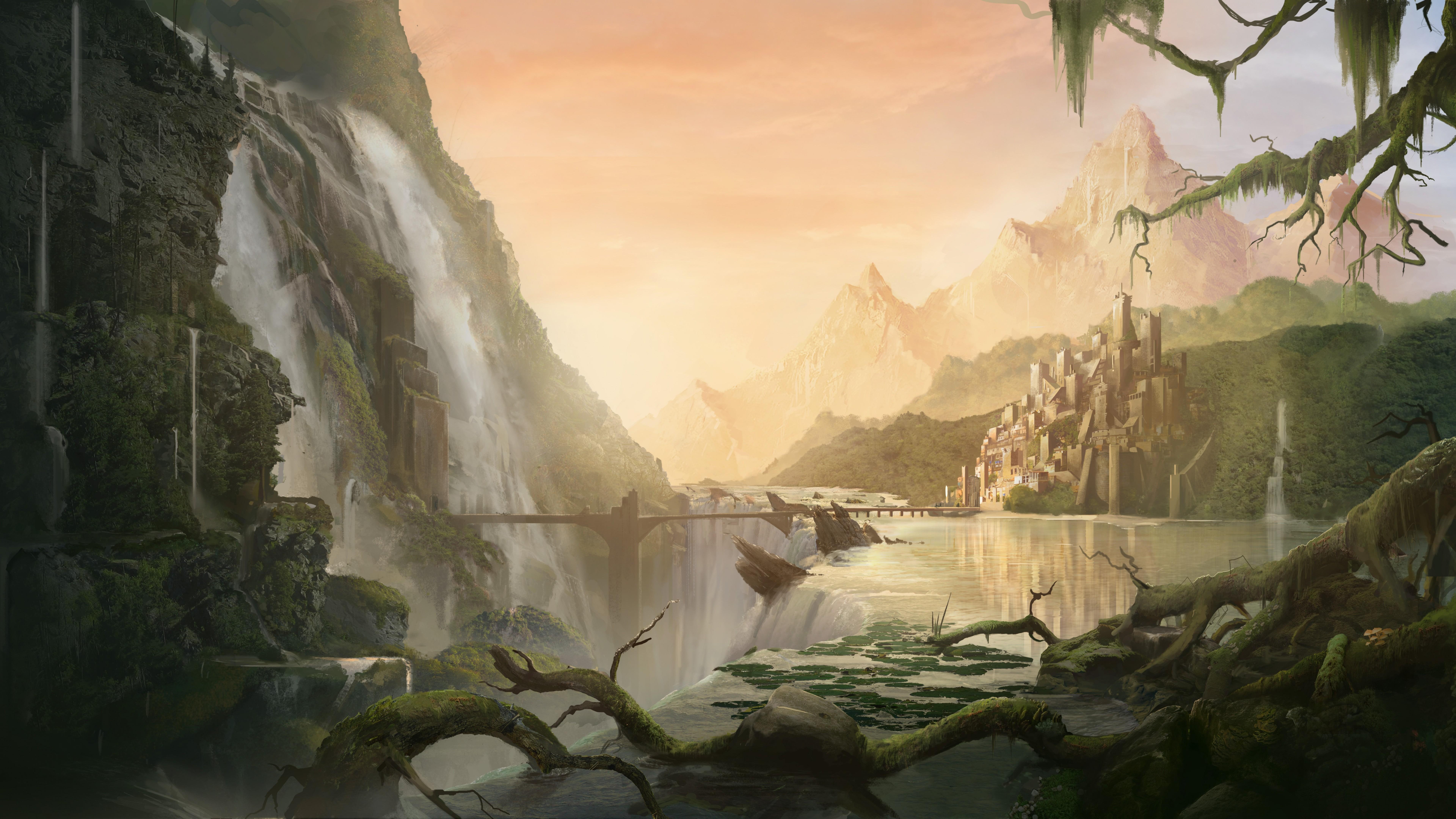 waterfall, fantasy art, painting, matte paint, fantasy landscape