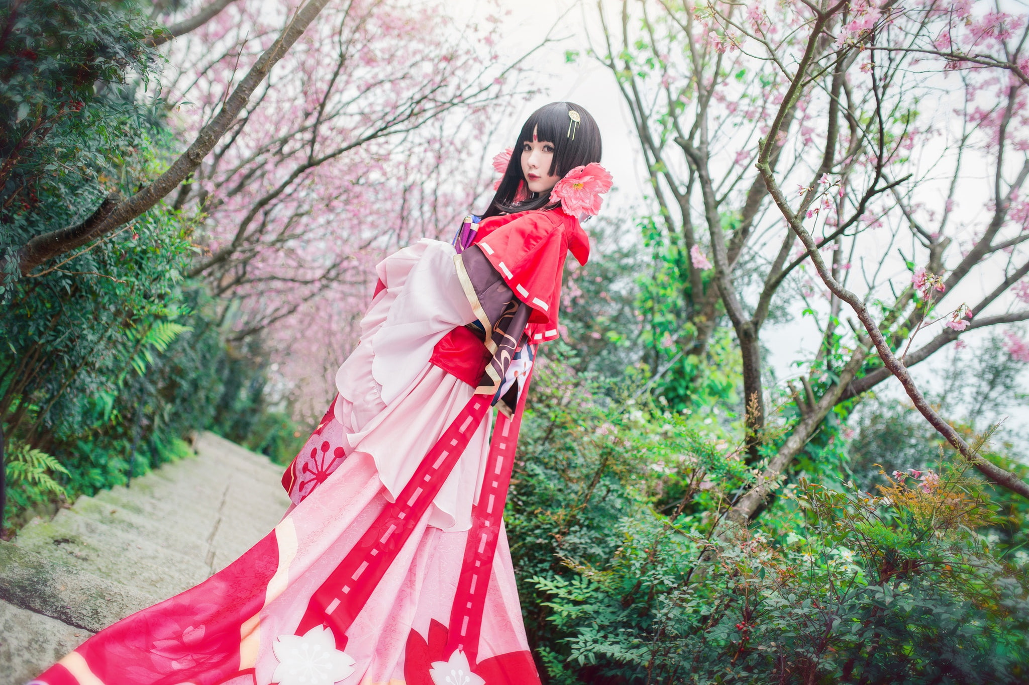 greens, look, girl, trees, flowers, branches, red, cherry, pose