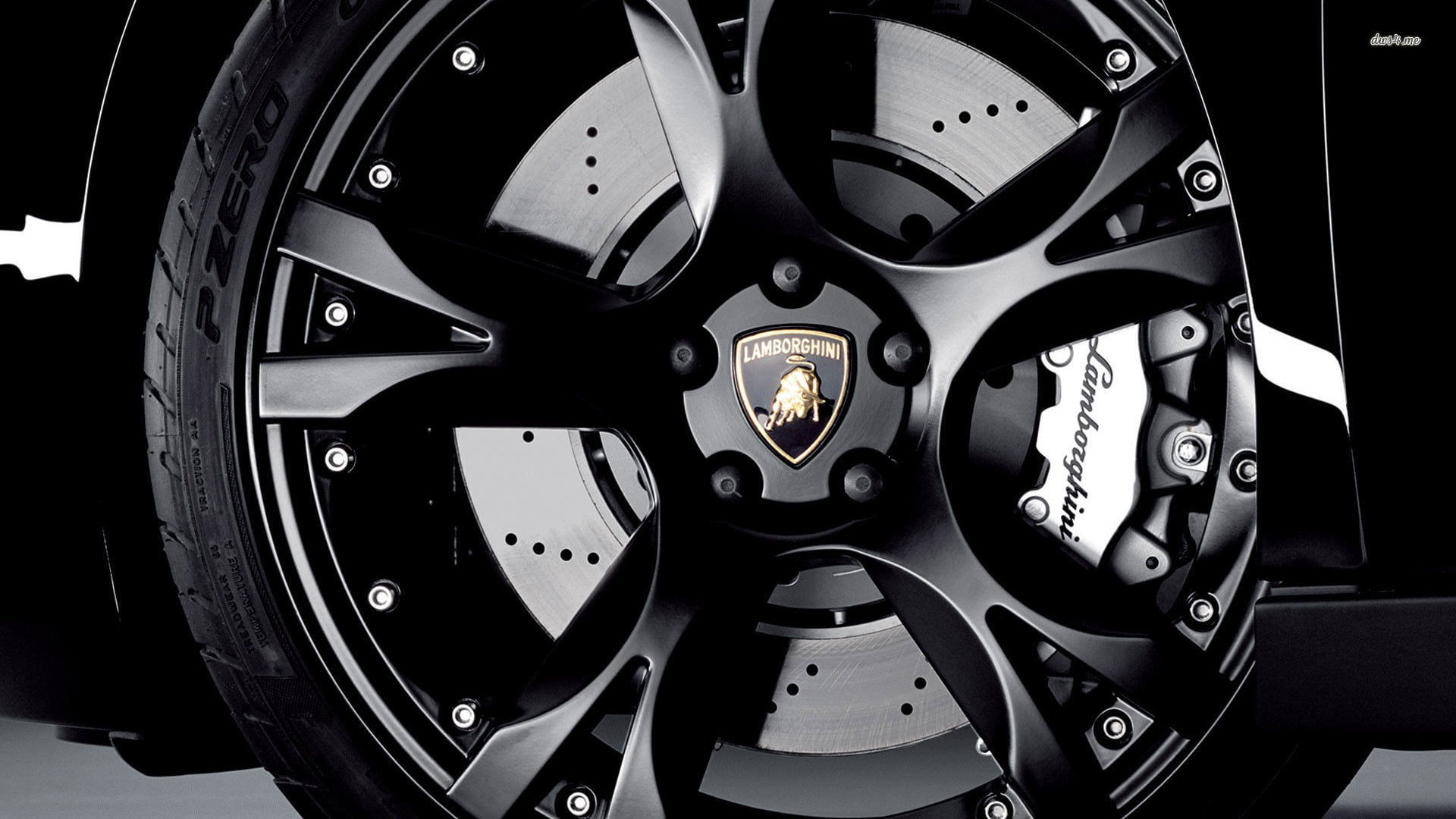 black Lamborghini wheel, tire, rim, sports car, emblem, black Color