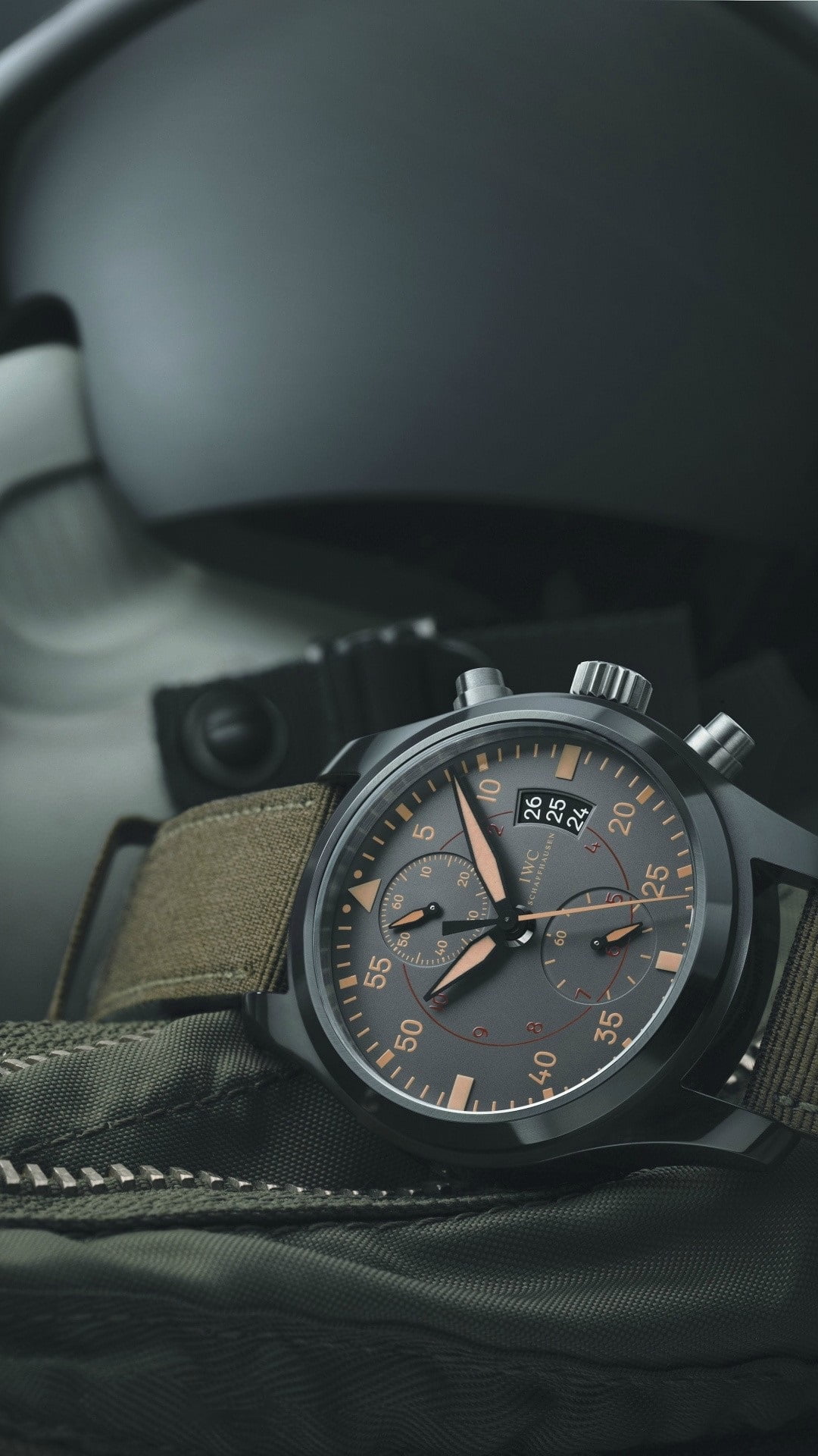 black chronograph watch, IWC, portrait display, time, wristwatch