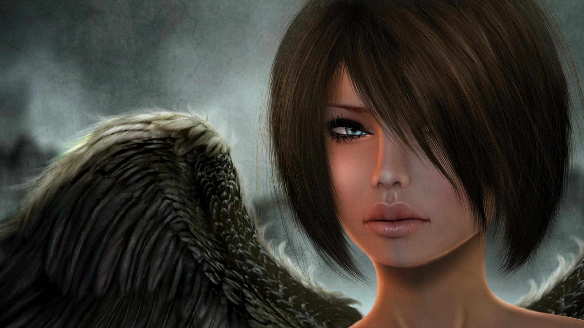 digital art, fantasy art, women, wings, angel, render, short hair