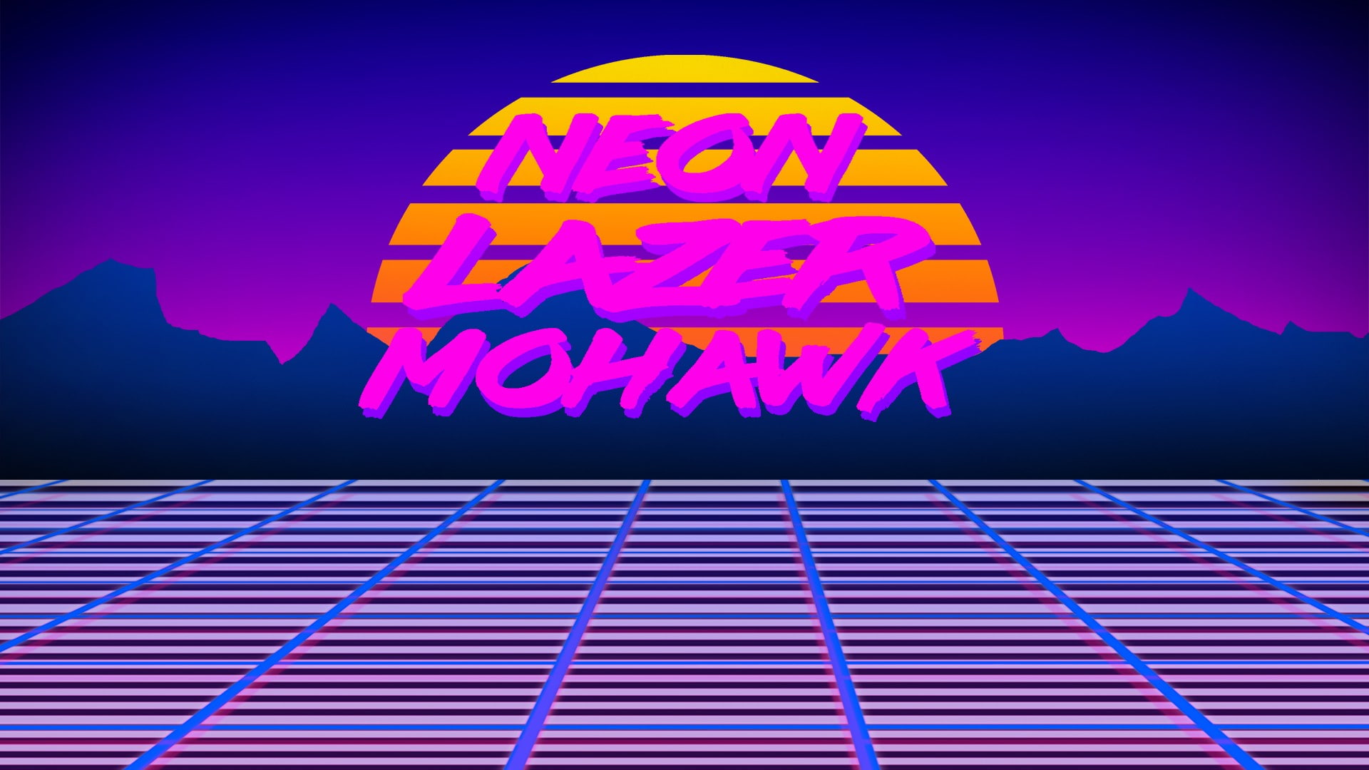 neon lazer mohawk 1980s retro games robot grid digital art sunset sun colorful text