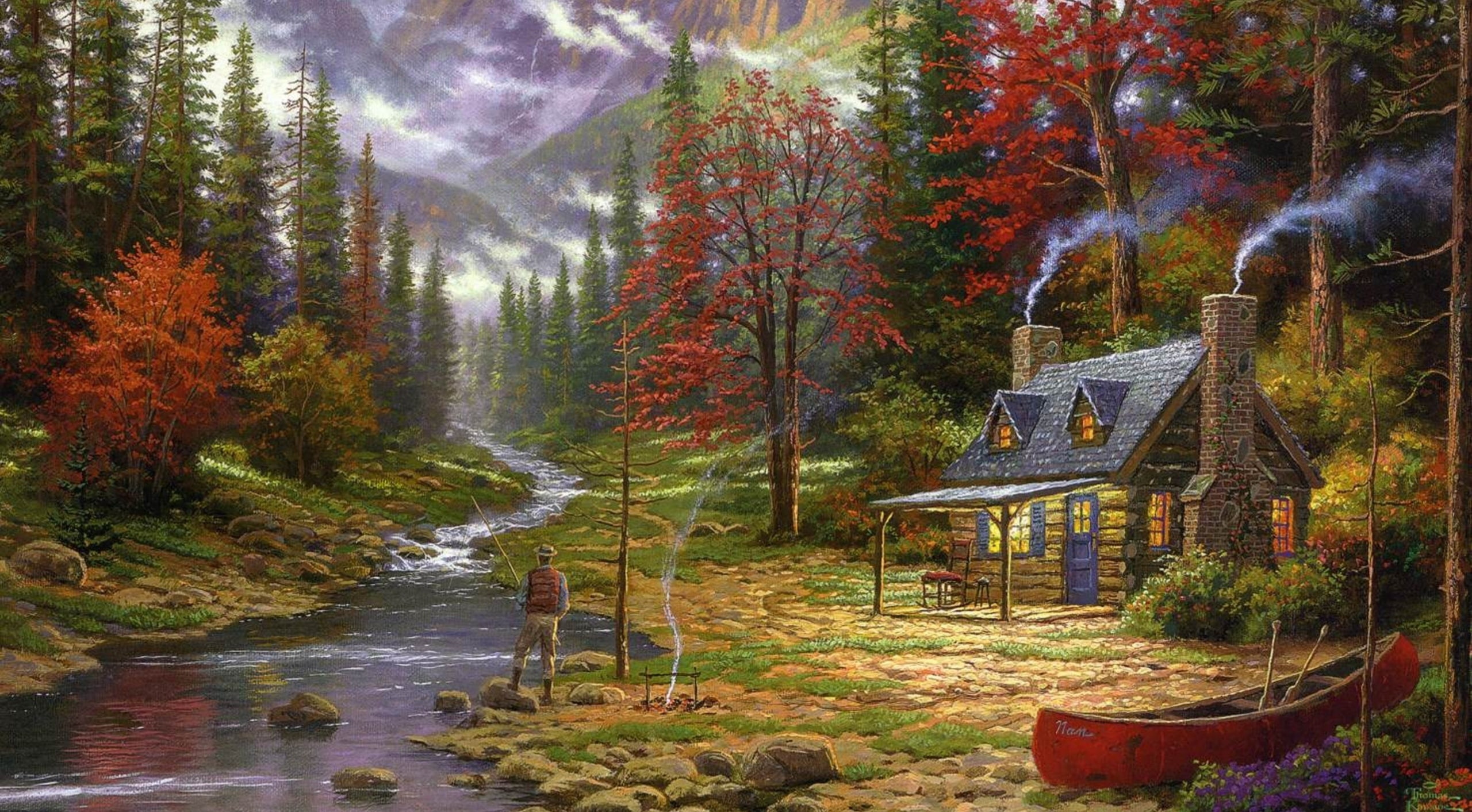 The Good Life by Thomas Kinkade HD Wallpaper, fisherman near house surrounded by trees painting