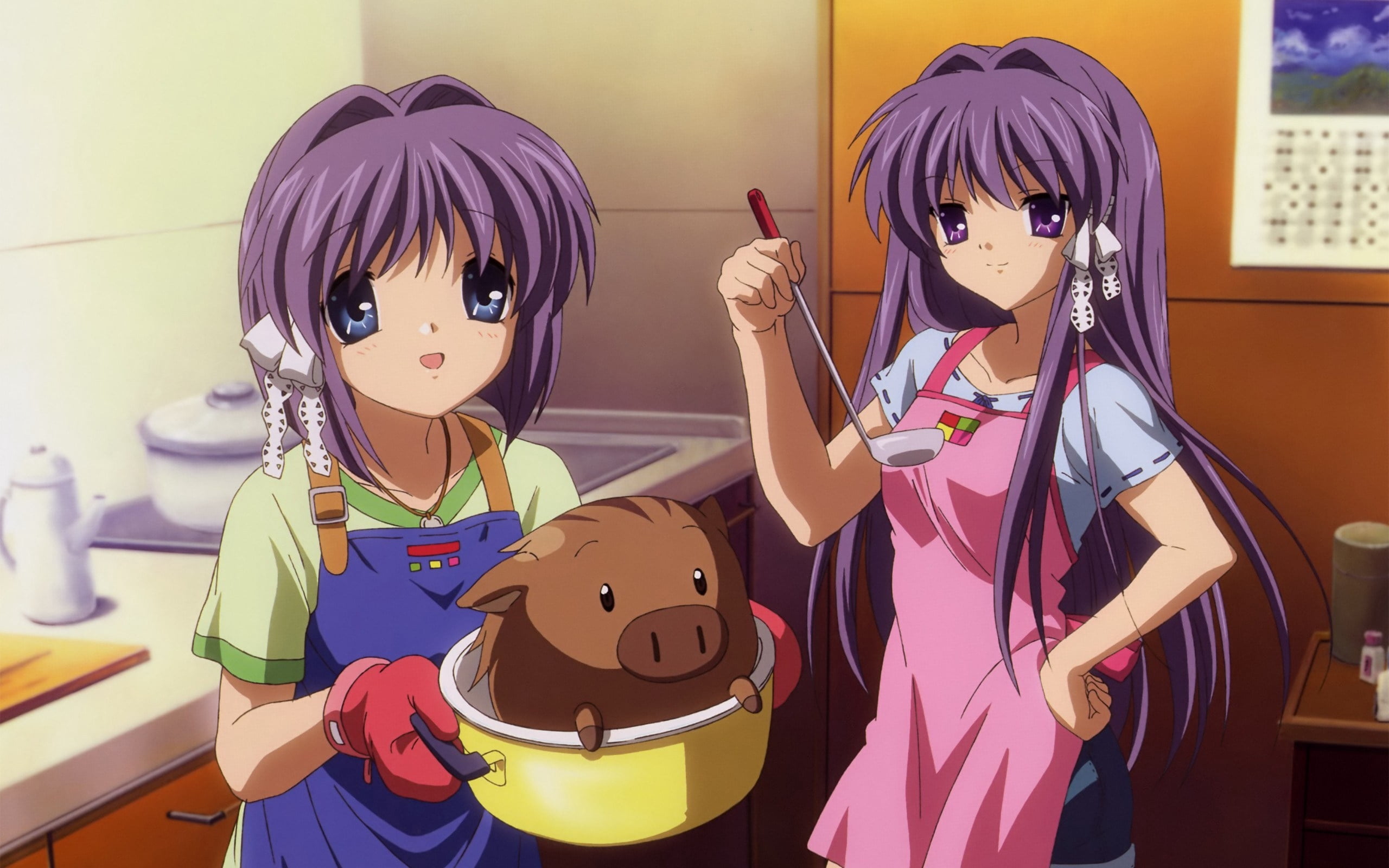 two purple haired female character wallpaper, girls, kitchen