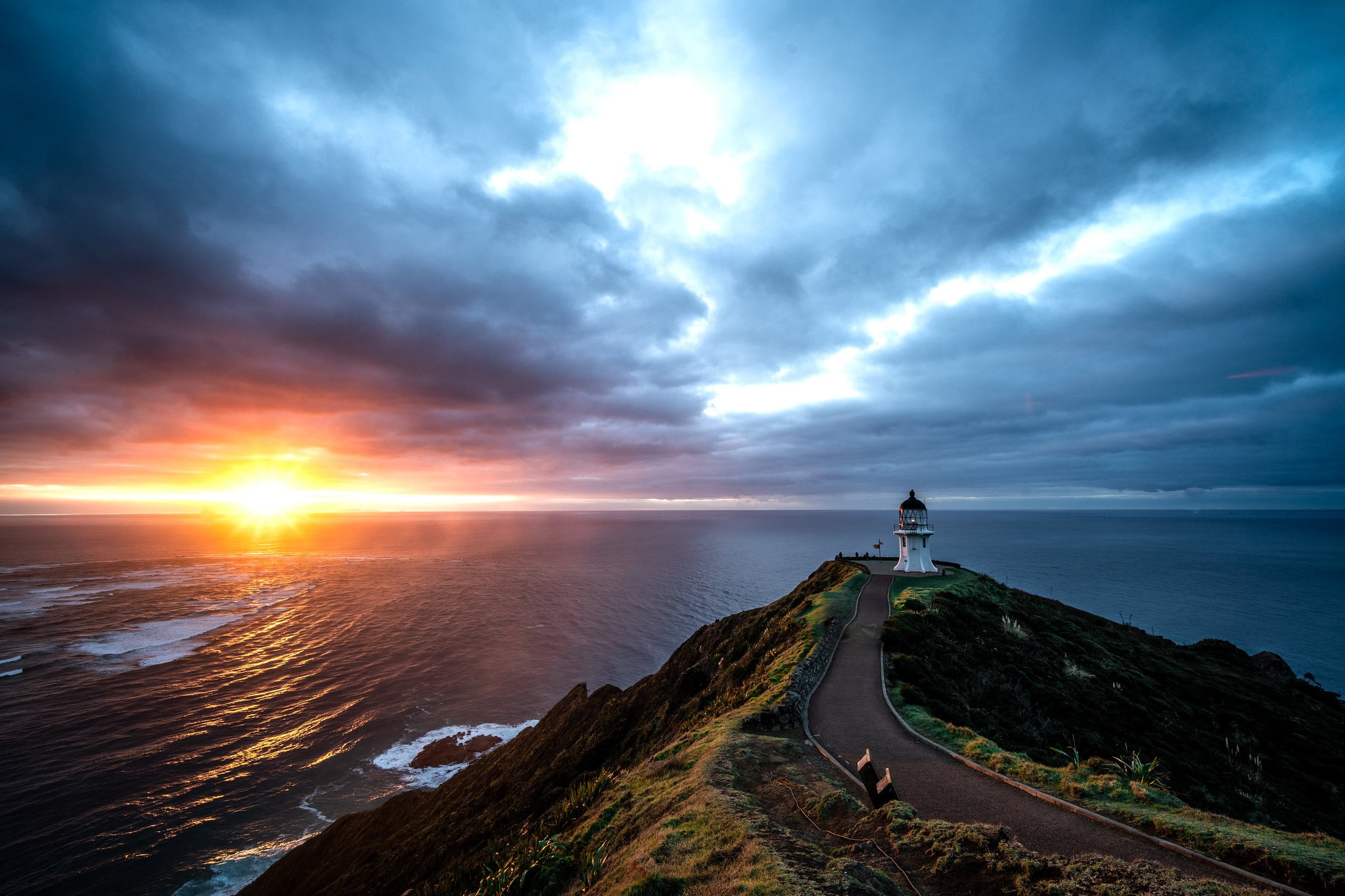 road, sea, the sky, sunset, the ocean, lighthouse, New Zealand