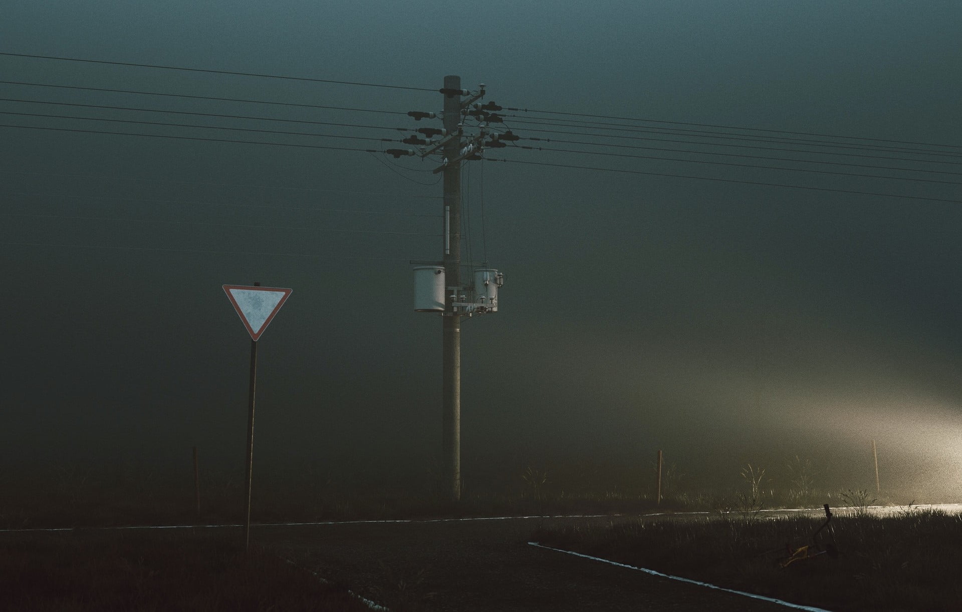 mist, road, Headlights, road sign, Mariusz Becker
