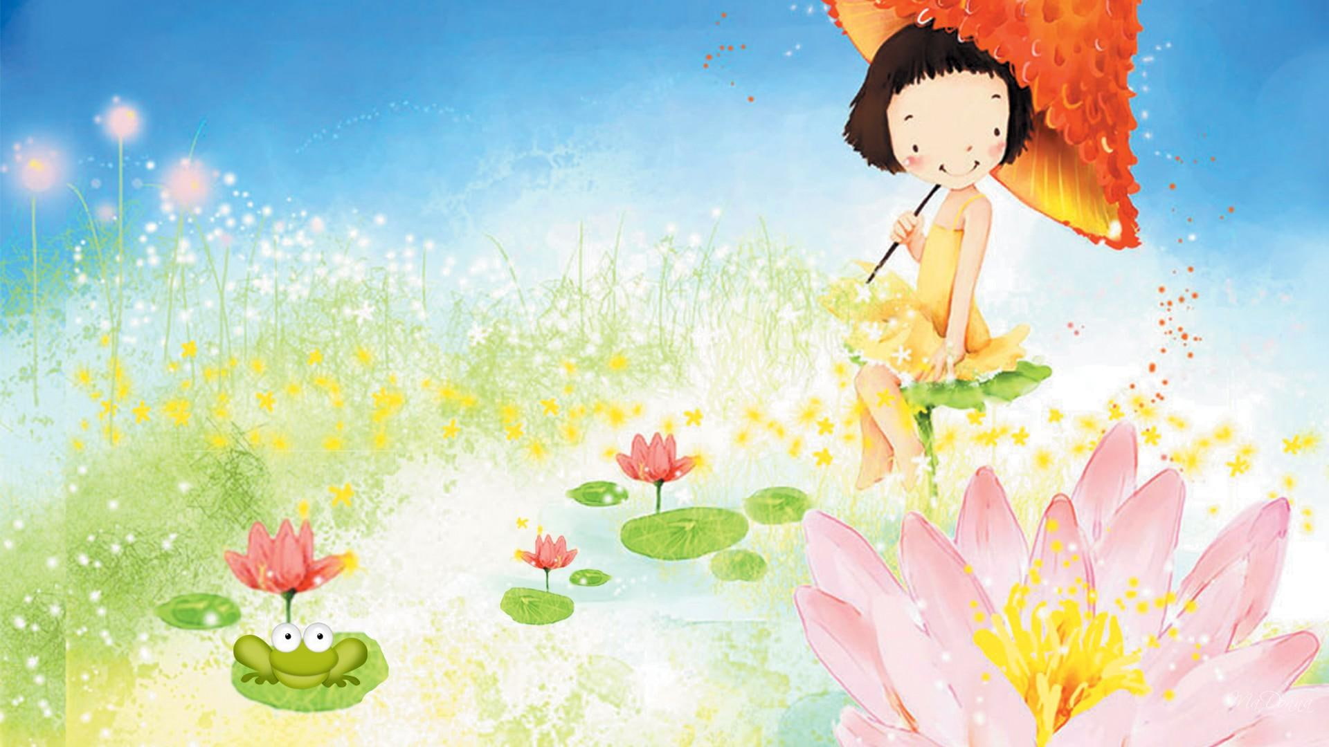 Umbrellla Girl, firefox persona, cute, pond, whimsical, flowers